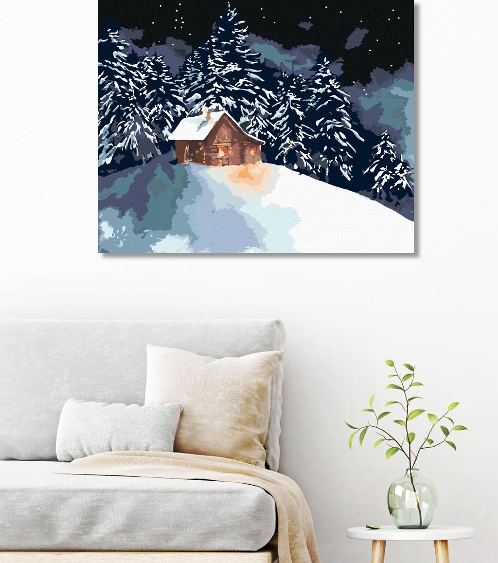 zuty Malování podle čísel - LESNÍ SRUB NA ZASNĚŽENÉM KOPEČKU - Rozměr: 40x50 cm, Rámování: Varianta: vypnuté plátno na rám - obrázek 8