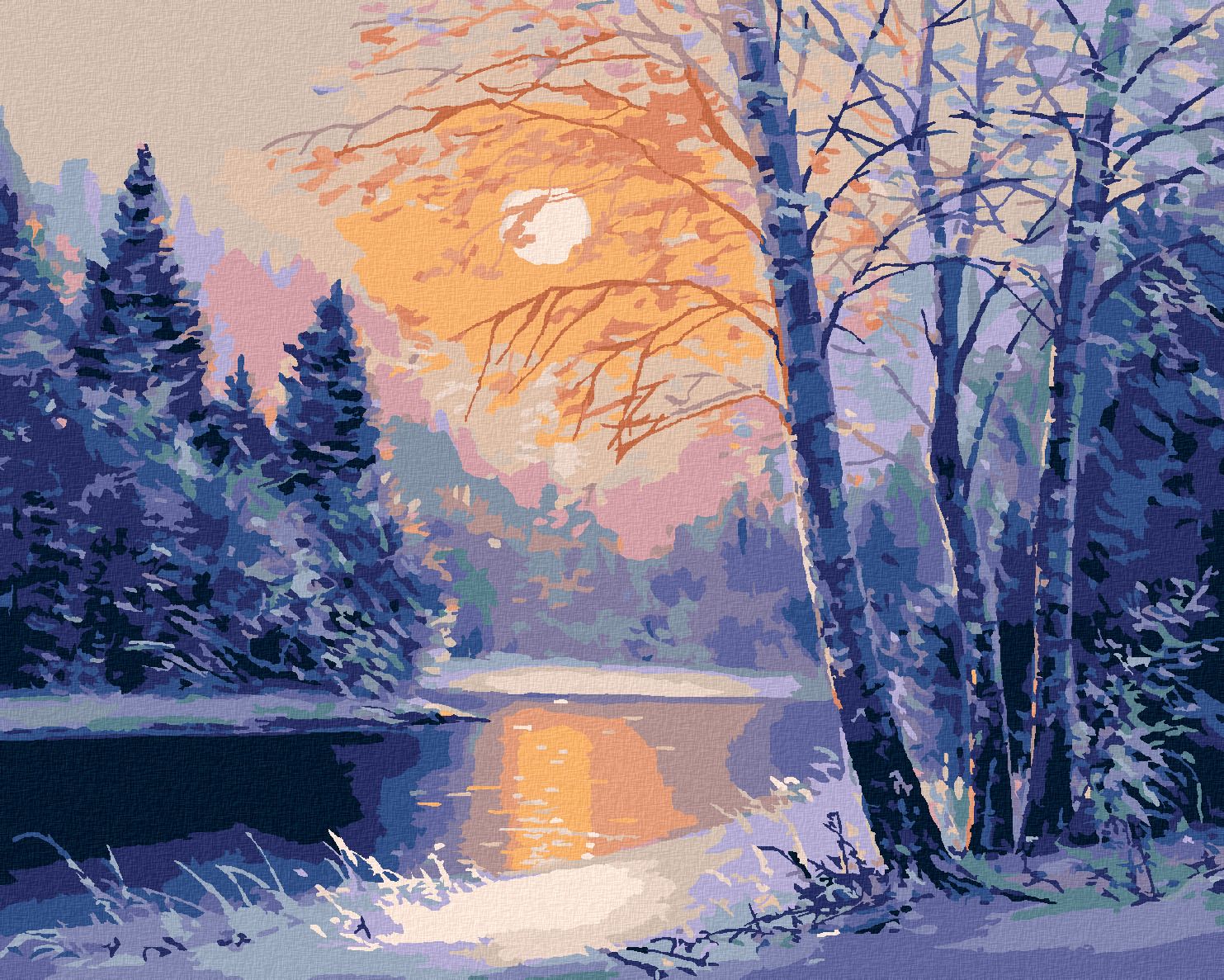 zuty Malování podle čísel - ZIMNÍ ŘEKA A HOLÉ STROMY - Rozměr: 40x50 cm, Rámování: Varianta: bez rámu a bez vypnutí plátna - obrázek 1