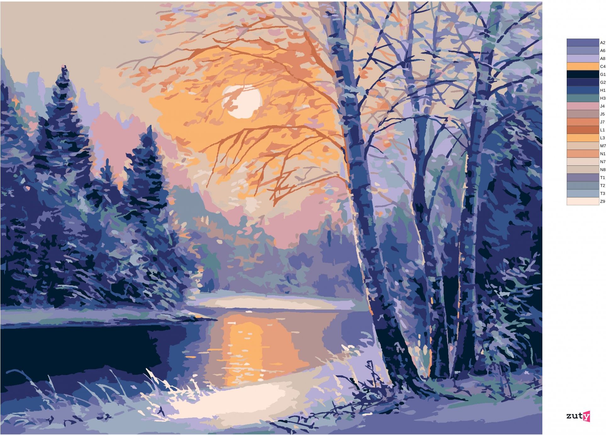 zuty Malování podle čísel - ZIMNÍ ŘEKA A HOLÉ STROMY - Rozměr: 40x50 cm, Rámování: Varianta: bez rámu a bez vypnutí plátna - obrázek 8