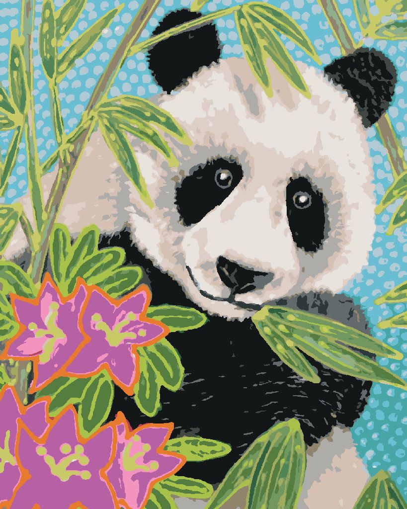zuty Malování podle čísel - PANDA S BAMBUSEM A KVĚTINAMI - Rozměr: 40x50 cm, Rámování: Varianta: vypnuté plátno na rám - obrázek 3