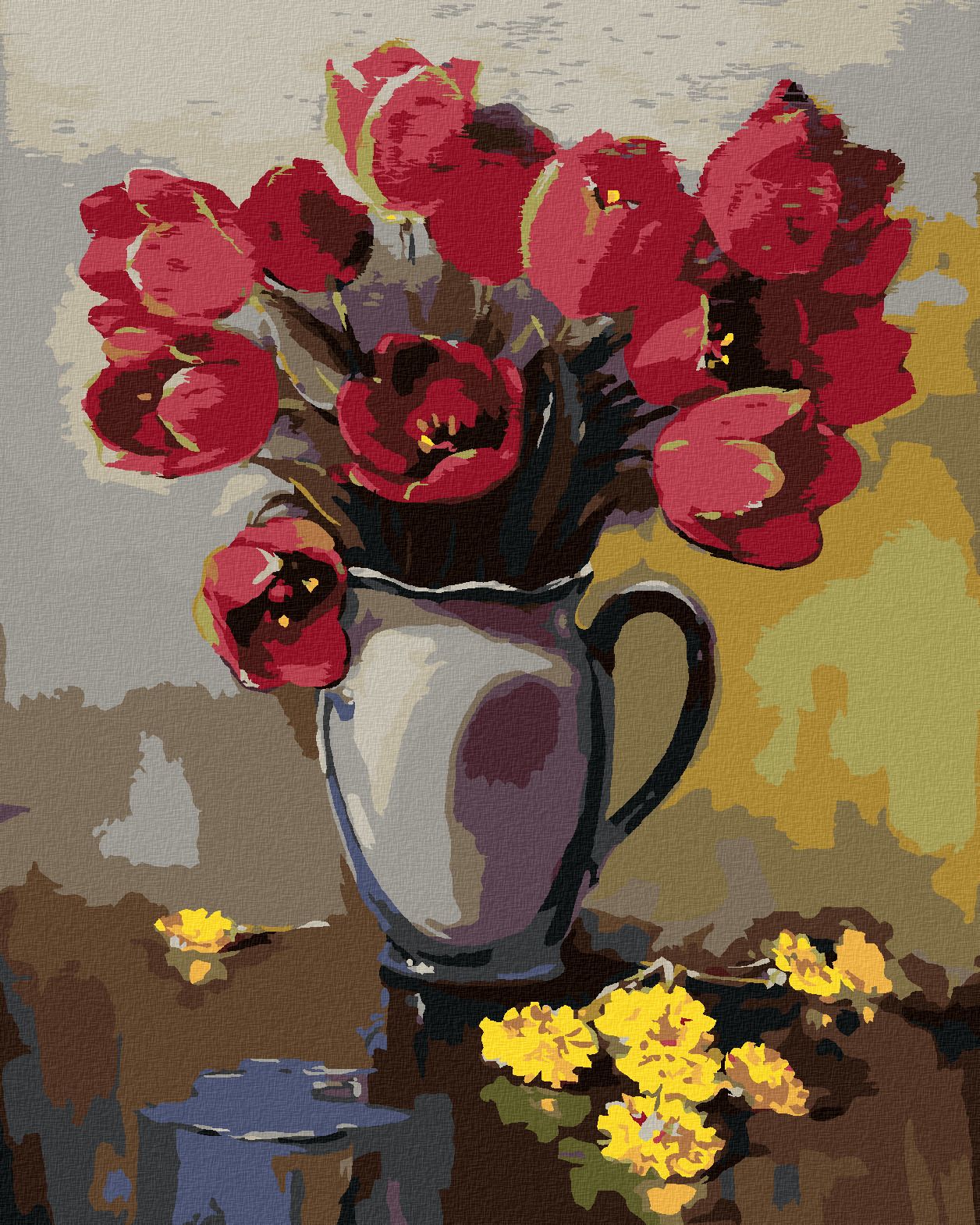 zuty Malování podle čísel - TULIPÁNY VE VÁZE A PAMPELIŠKY NA STOLE - Rozměr: 40x50 cm, Rámování: Varianta: bez rámu a bez vypnutí plátna - obrázek 1