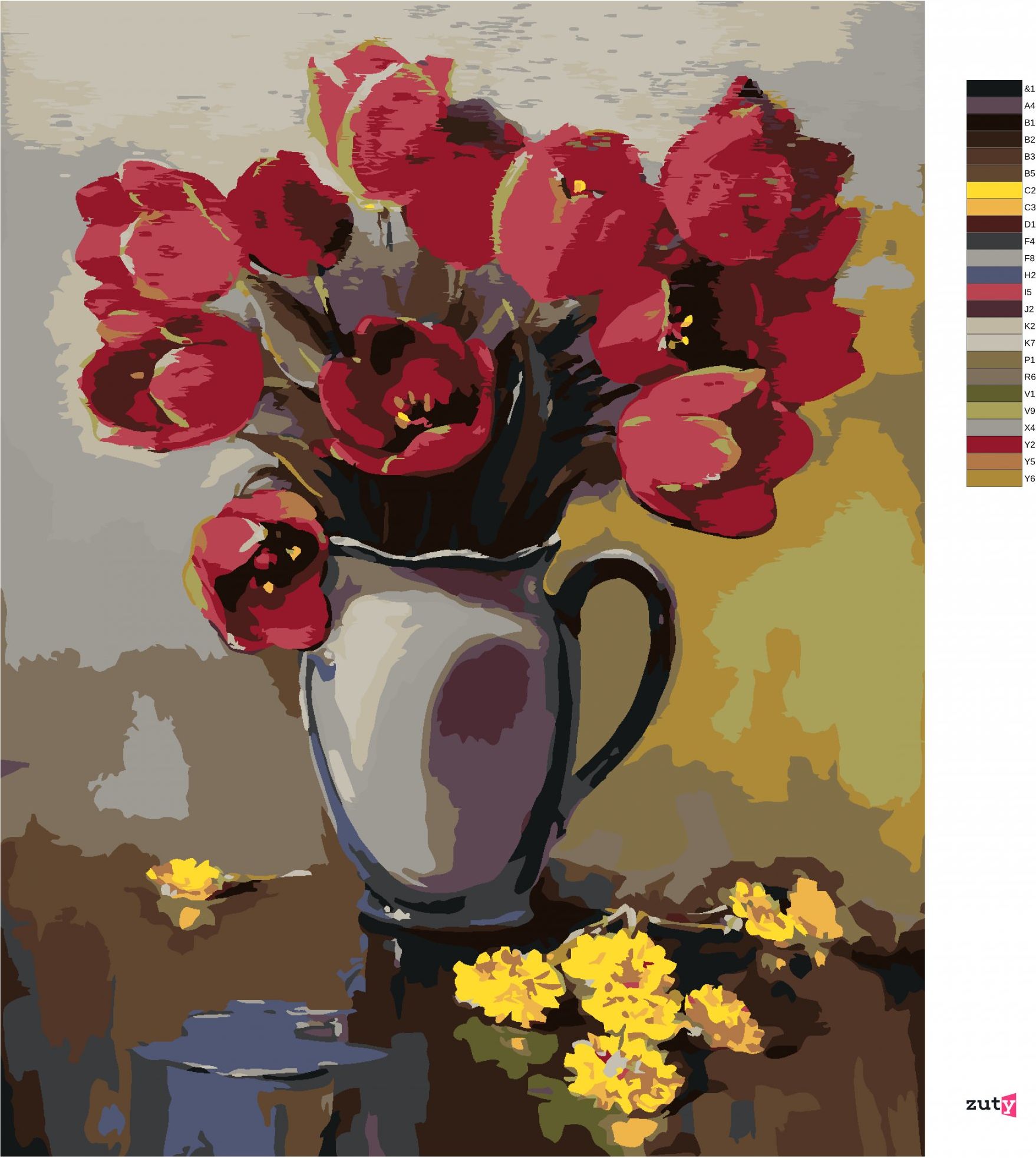 zuty Malování podle čísel - TULIPÁNY VE VÁZE A PAMPELIŠKY NA STOLE - Rozměr: 40x50 cm, Rámování: Varianta: vypnuté plátno na rám - obrázek 6