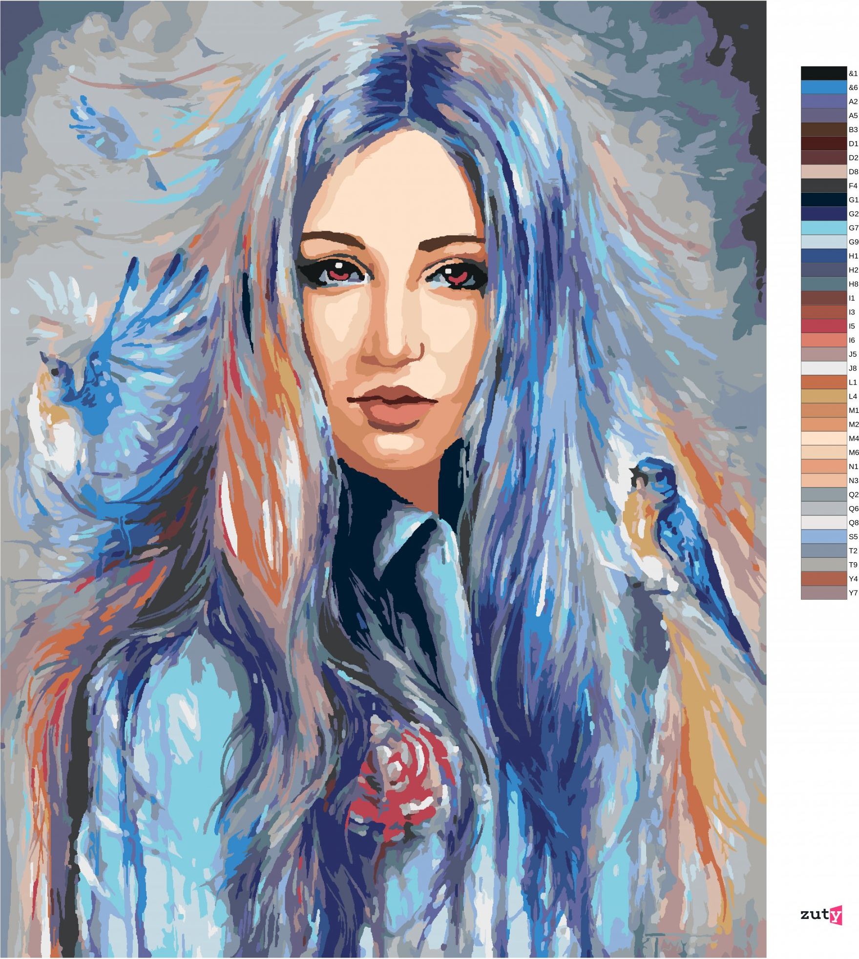 zuty Malování podle čísel - ŽENA S MODRÝMI PTÁČKY - Rozměr: 40x50 cm, Rámování: Varianta: bez rámu a bez vypnutí plátna - obrázek 2