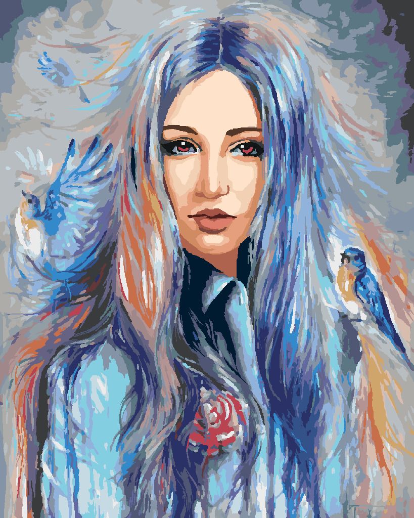 zuty Malování podle čísel - ŽENA S MODRÝMI PTÁČKY - Rozměr: 40x50 cm, Rámování: Varianta: bez rámu a bez vypnutí plátna - obrázek 3