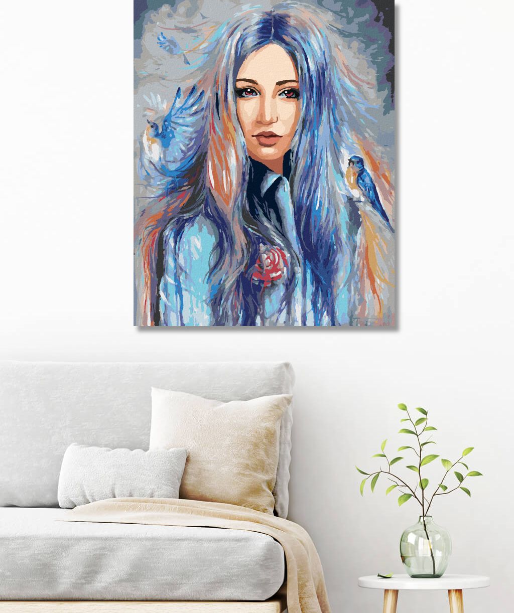zuty Malování podle čísel - ŽENA S MODRÝMI PTÁČKY - Rozměr: 40x50 cm, Rámování: Varianta: bez rámu a bez vypnutí plátna - obrázek 7