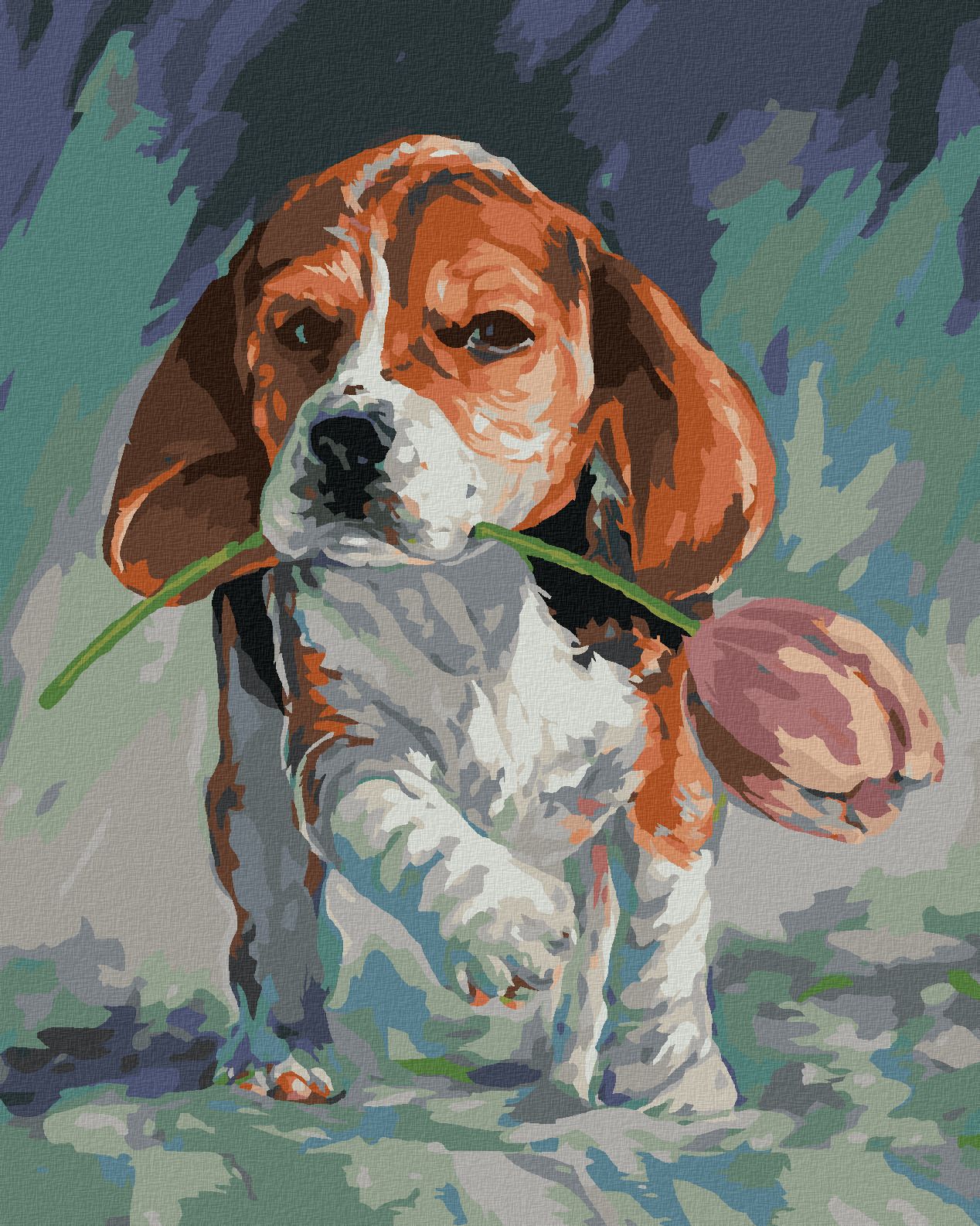zuty Malování podle čísel - PEJSEK S TULIPÁNEM - Rozměr: 40x50 cm, Rámování: Varianta: vypnuté plátno na rám - obrázek 1