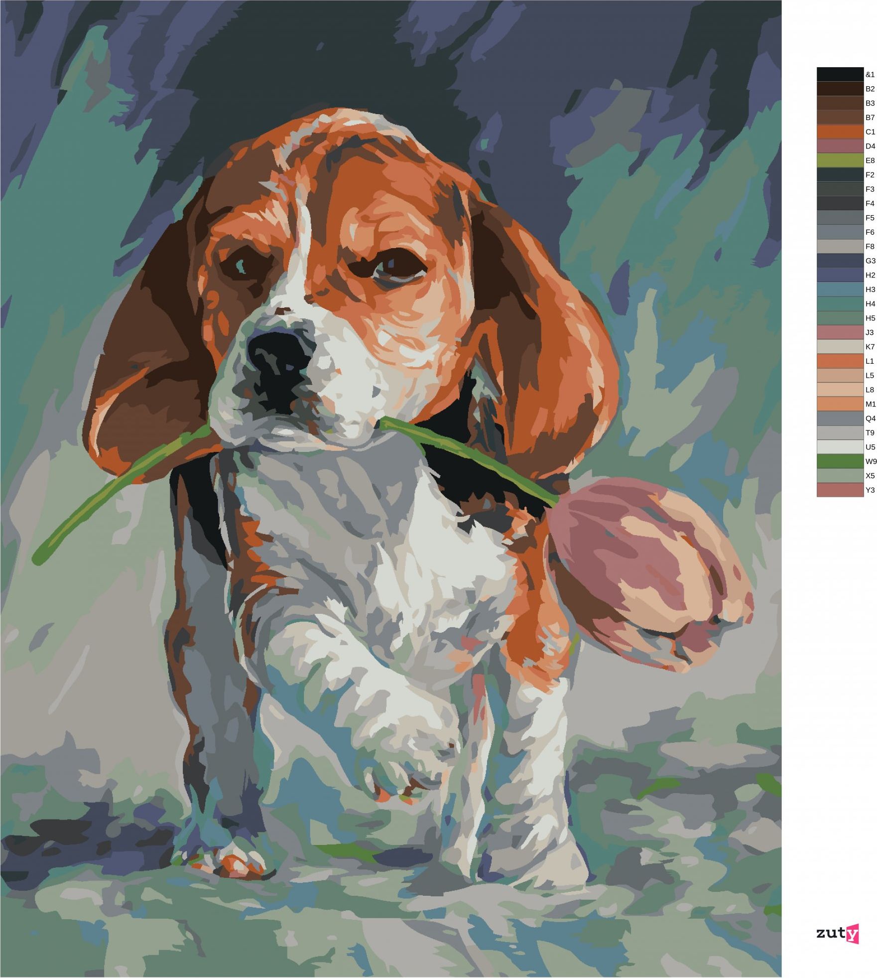 zuty Malování podle čísel - PEJSEK S TULIPÁNEM - Rozměr: 40x50 cm, Rámování: Varianta: vypnuté plátno na rám - obrázek 2