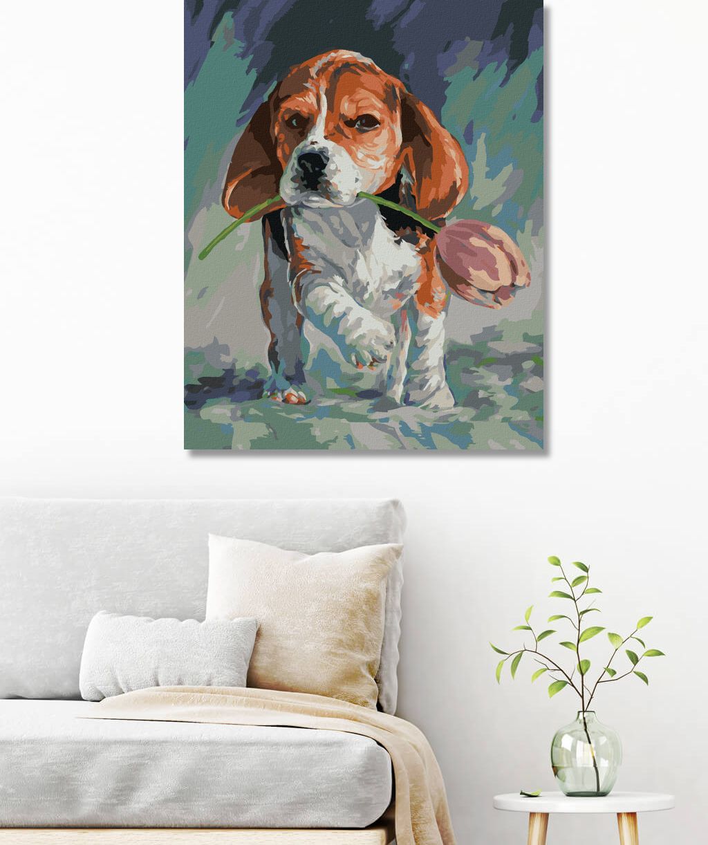 zuty Malování podle čísel - PEJSEK S TULIPÁNEM - Rozměr: 40x50 cm, Rámování: Varianta: vypnuté plátno na rám - obrázek 6