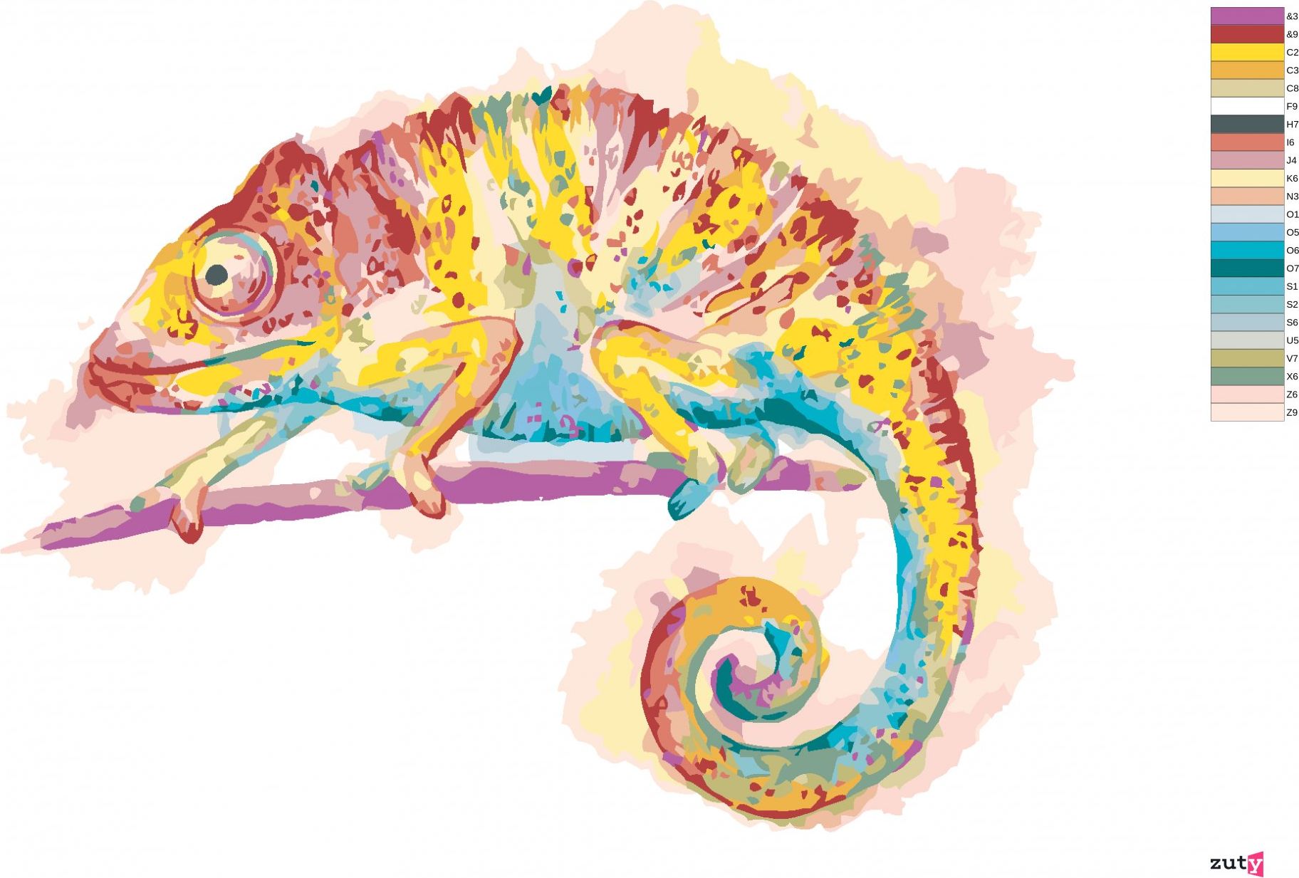 zuty Malování podle čísel - BAREVNÝ CHAMELEON NA BÍLÉM POZADÍ - Rozměr: 40x50 cm, Rámování: Varianta: vypnuté plátno na rám - obrázek 3