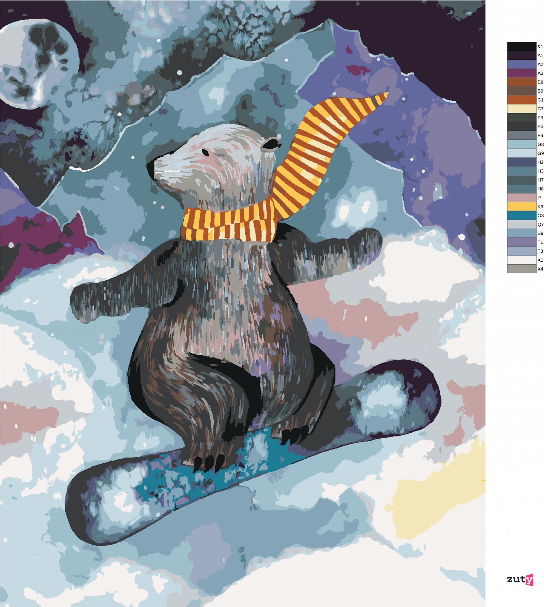zuty Malování podle čísel - MEDVĚD NA SNOWBOARDU - Rozměr: 40x50 cm, Rámování: Varianta: vypnuté plátno na rám - obrázek 4