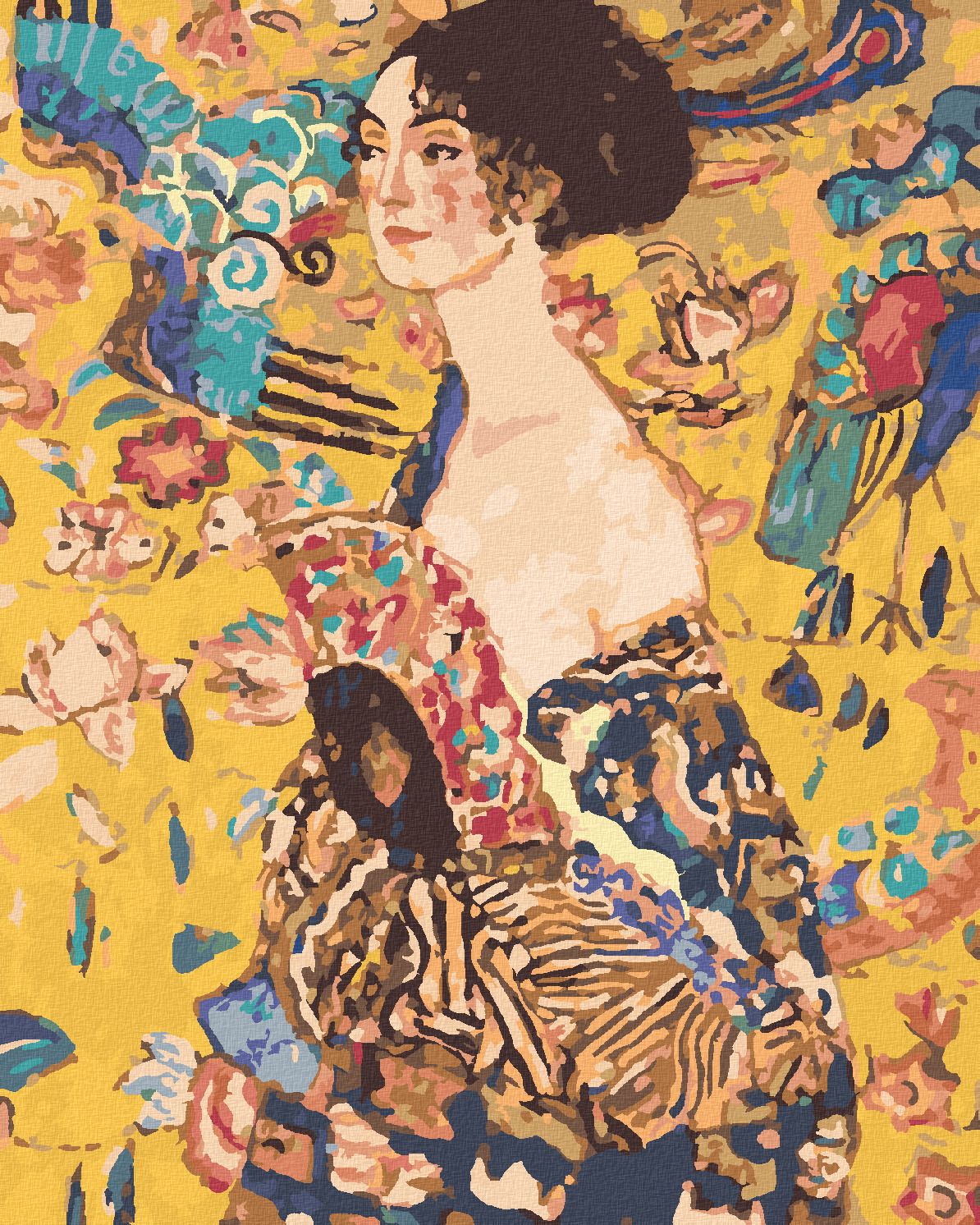 zuty Malování podle čísel - DÁMA S VĚJÍŘEM (G. KLIMT) - Rozměr: 40x50 cm, Rámování: Varianta: bez rámu a bez vypnutí plátna - obrázek 1