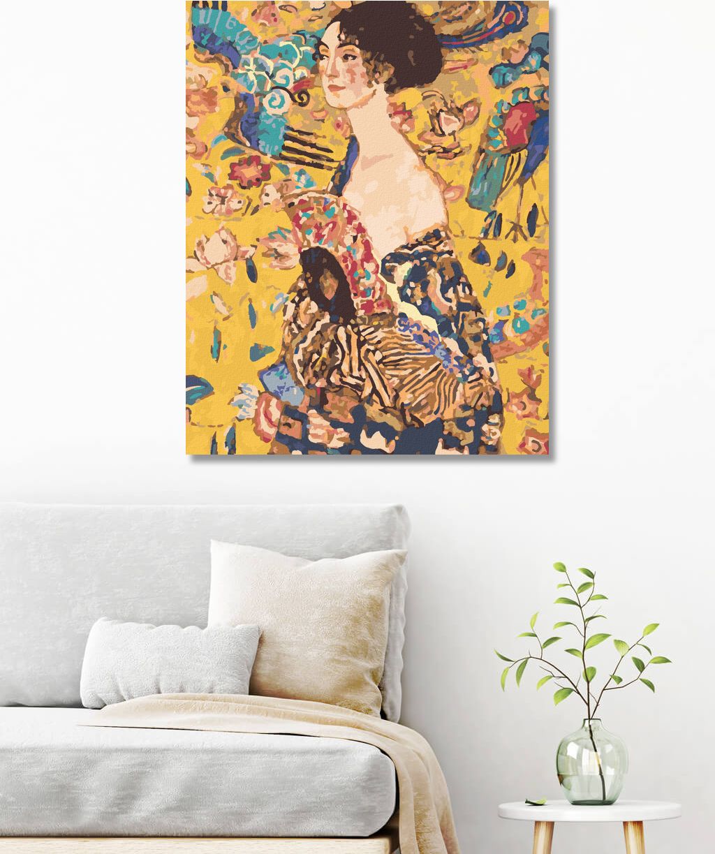 zuty Malování podle čísel - DÁMA S VĚJÍŘEM (G. KLIMT) - Rozměr: 40x50 cm, Rámování: Varianta: bez rámu a bez vypnutí plátna - obrázek 2