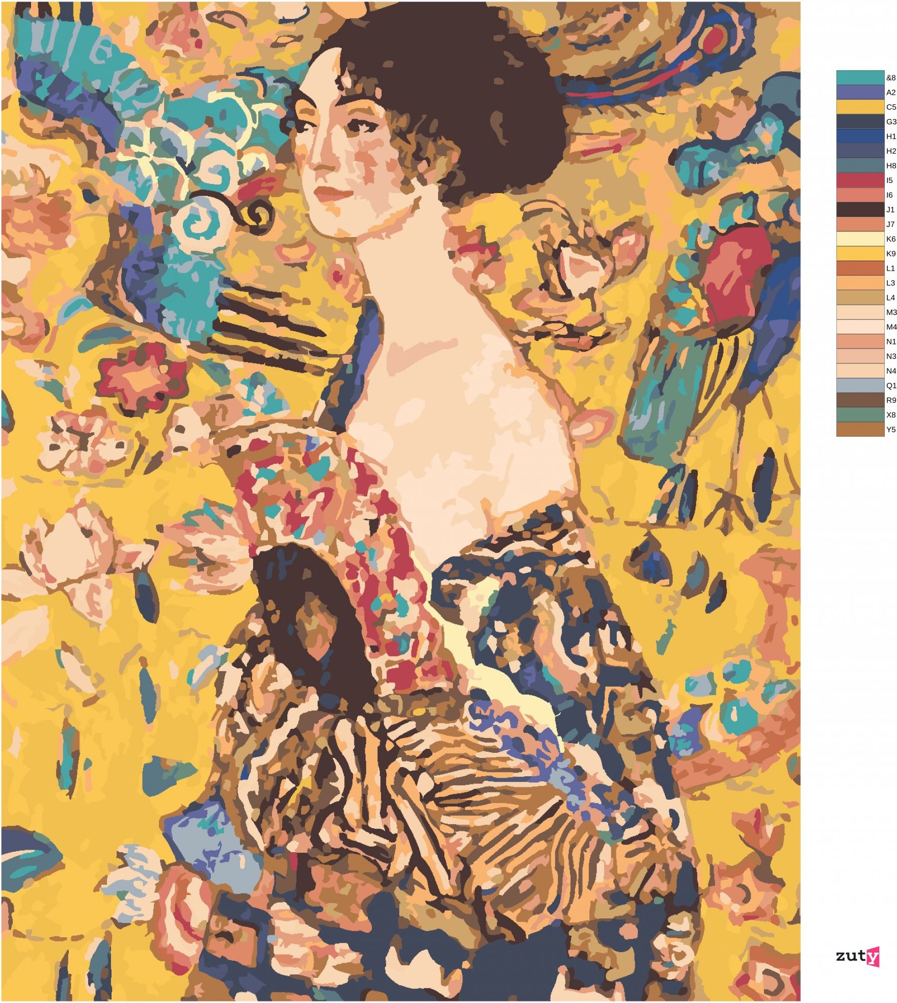 zuty Malování podle čísel - DÁMA S VĚJÍŘEM (G. KLIMT) - Rozměr: 40x50 cm, Rámování: Varianta: vypnuté plátno na rám - obrázek 7