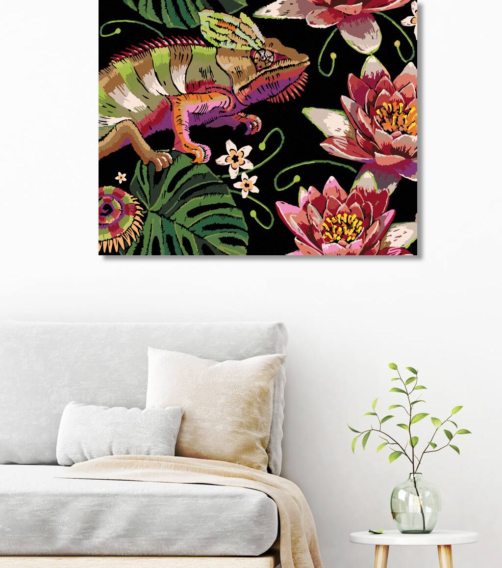 zuty Malování podle čísel - CHAMELEON MEZI LEKNÍNY - Rozměr: 40x50 cm, Rámování: Varianta: vypnuté plátno na rám - obrázek 2