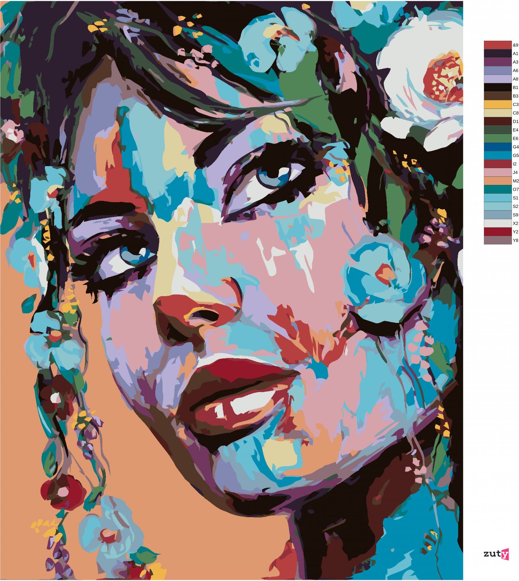 zuty Malování podle čísel - POP-ART PORTRÉT ŽENY S KVĚTINAMI - Rozměr: 40x50 cm, Rámování: Varianta: vypnuté plátno na rám - obrázek 3
