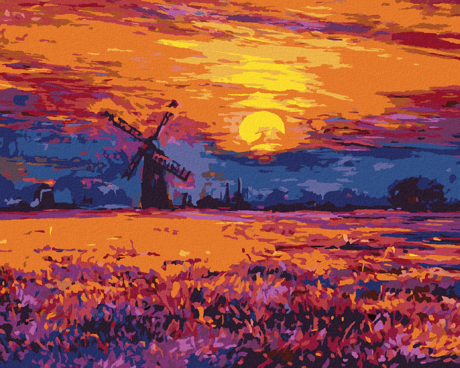 zuty Malování podle čísel - BAREVNÝ ZÁPAD SLUNCE A VĚTRNÝ MLÝN - Rozměr: 40x50 cm, Rámování: Varianta: bez rámu a bez vypnutí plátna - obrázek 1