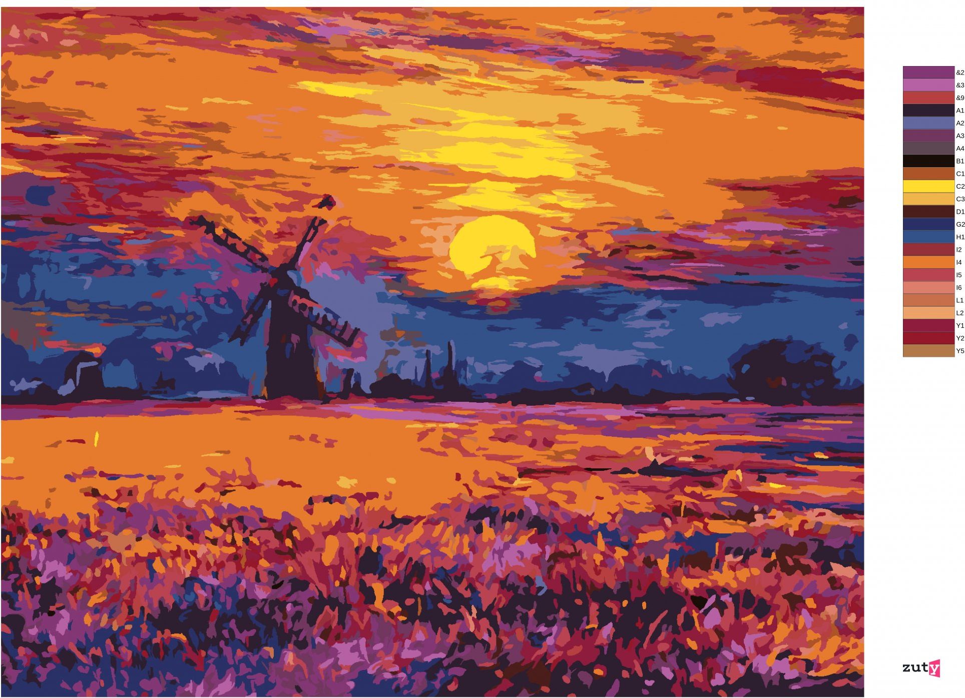 zuty Malování podle čísel - BAREVNÝ ZÁPAD SLUNCE A VĚTRNÝ MLÝN - Rozměr: 40x50 cm, Rámování: Varianta: bez rámu a bez vypnutí plátna - obrázek 2