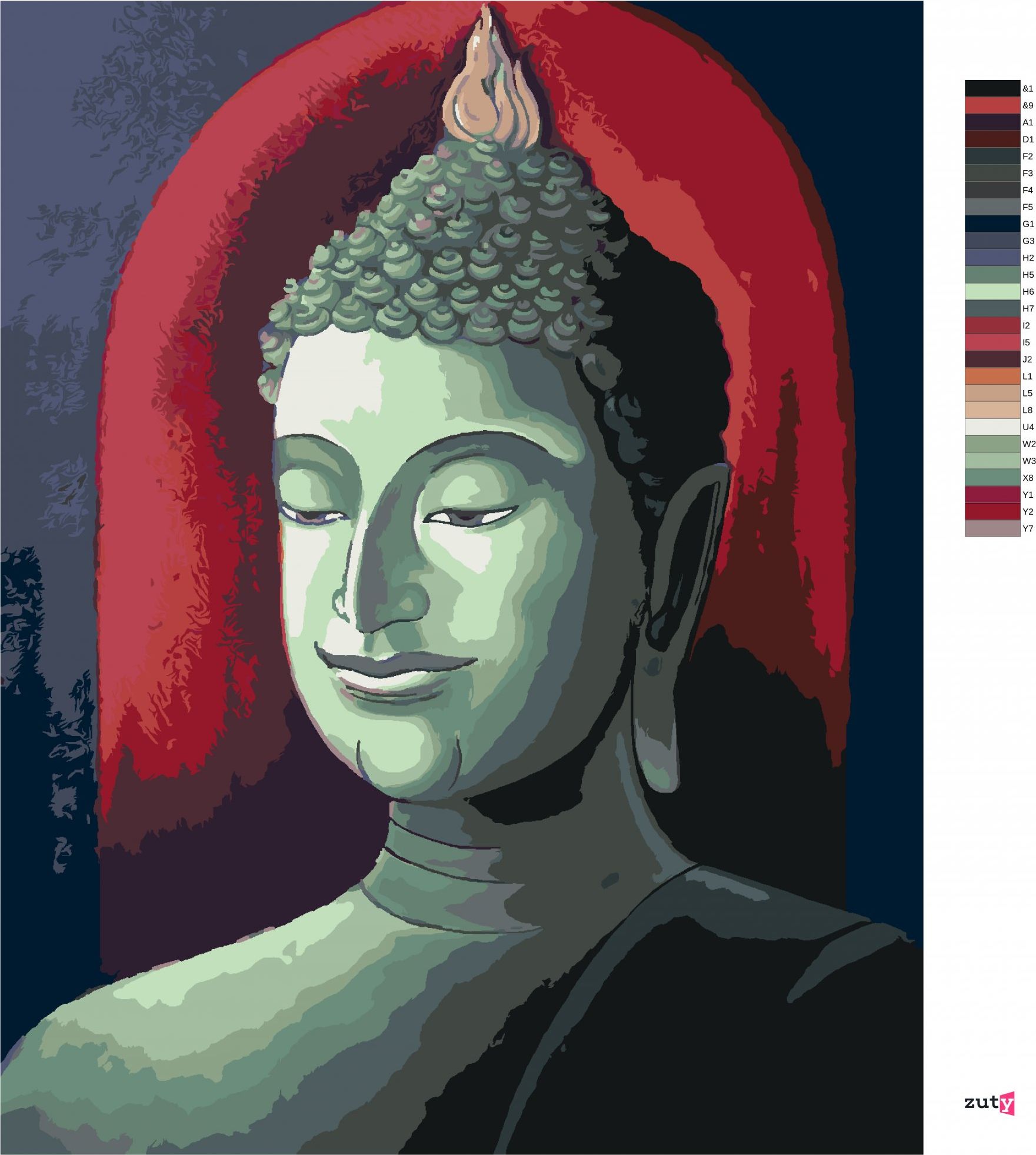 zuty Malování podle čísel - BUDDHA NA ČERVENÉM POZADÍ - Rozměr: 40x50 cm, Rámování: Varianta: bez rámu a bez vypnutí plátna - obrázek 6