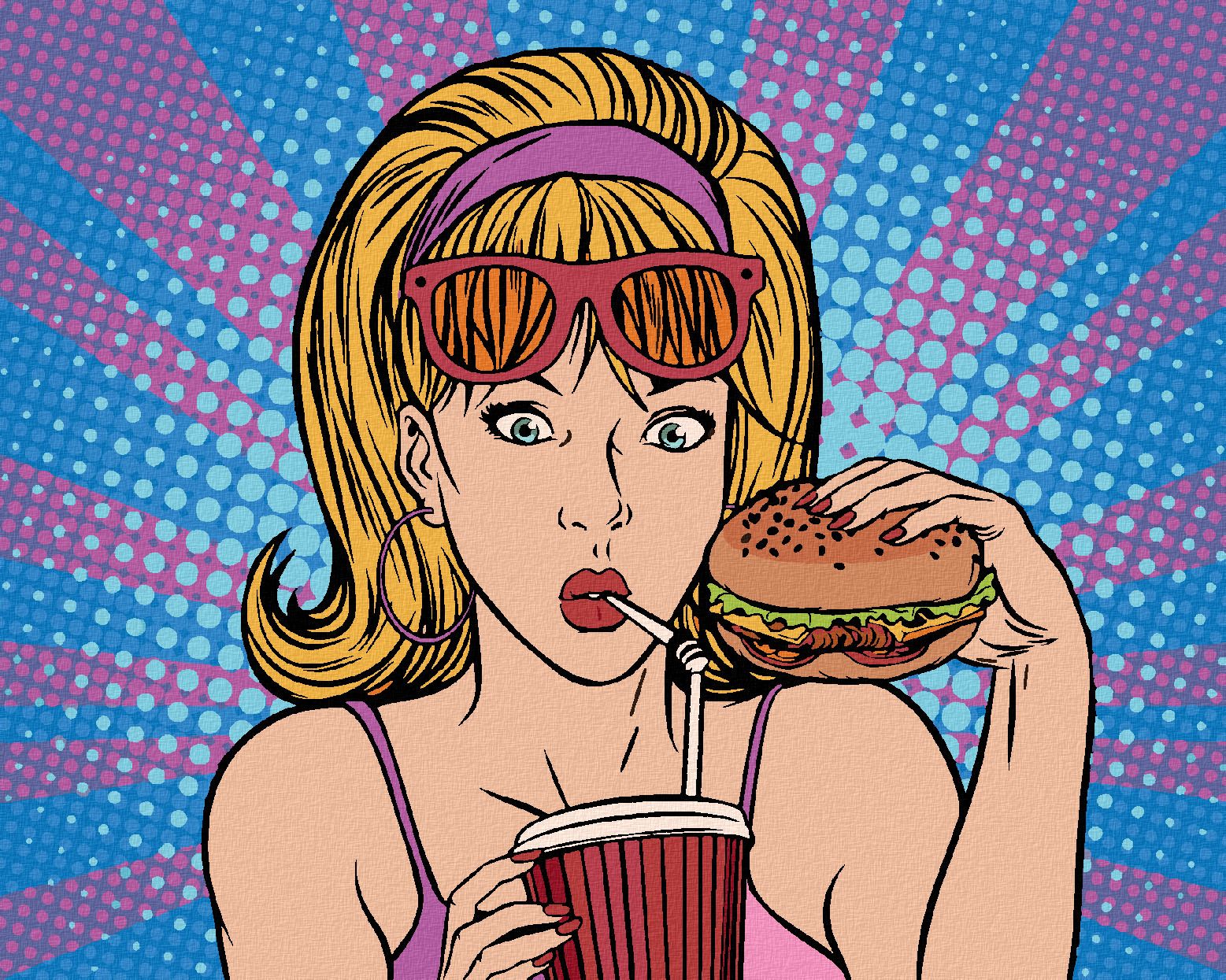 zuty Malování podle čísel - POP-ART ŽENA VE FASTFOODU - Rozměr: 40x50 cm, Rámování: Varianta: bez rámu a bez vypnutí plátna - obrázek 1