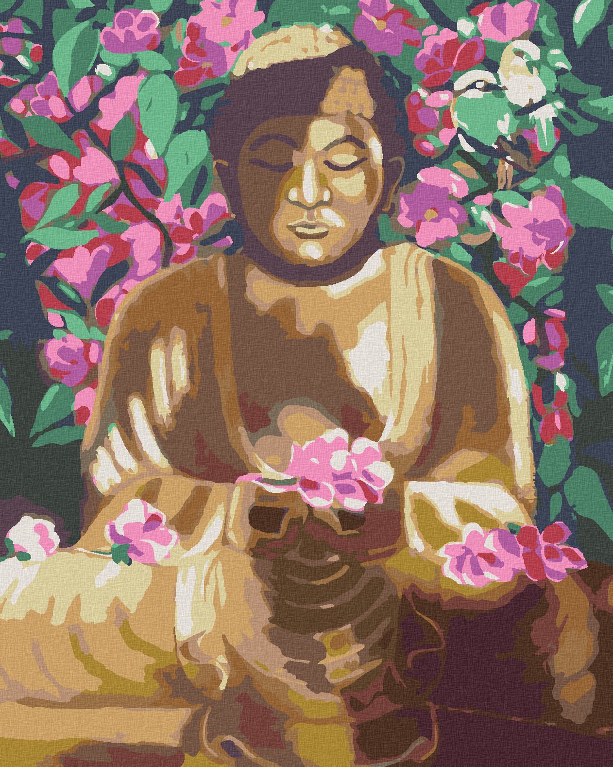zuty Malování podle čísel - BUDDHA OBKLOPENÝ KVĚTINAMI - Rozměr: 40x50 cm, Rámování: Varianta: bez rámu a bez vypnutí plátna - obrázek 1