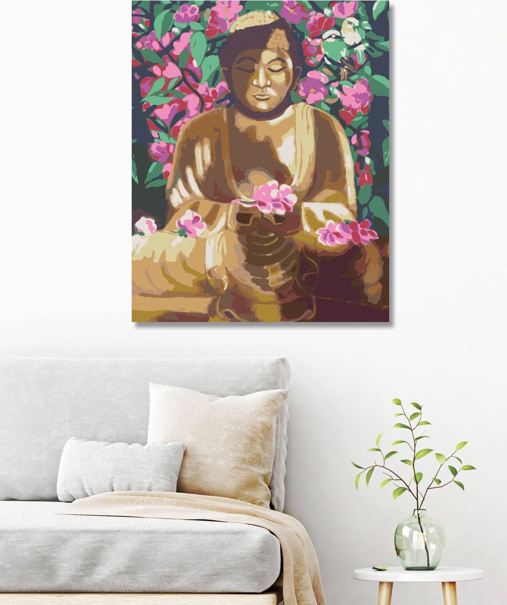 zuty Malování podle čísel - BUDDHA OBKLOPENÝ KVĚTINAMI - Rozměr: 40x50 cm, Rámování: Varianta: bez rámu a bez vypnutí plátna - obrázek 2