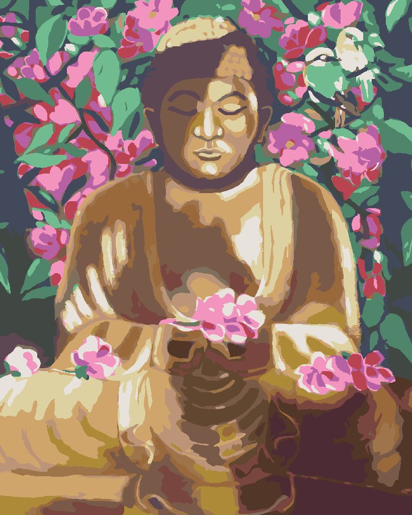 zuty Malování podle čísel - BUDDHA OBKLOPENÝ KVĚTINAMI - Rozměr: 40x50 cm, Rámování: Varianta: bez rámu a bez vypnutí plátna - obrázek 6