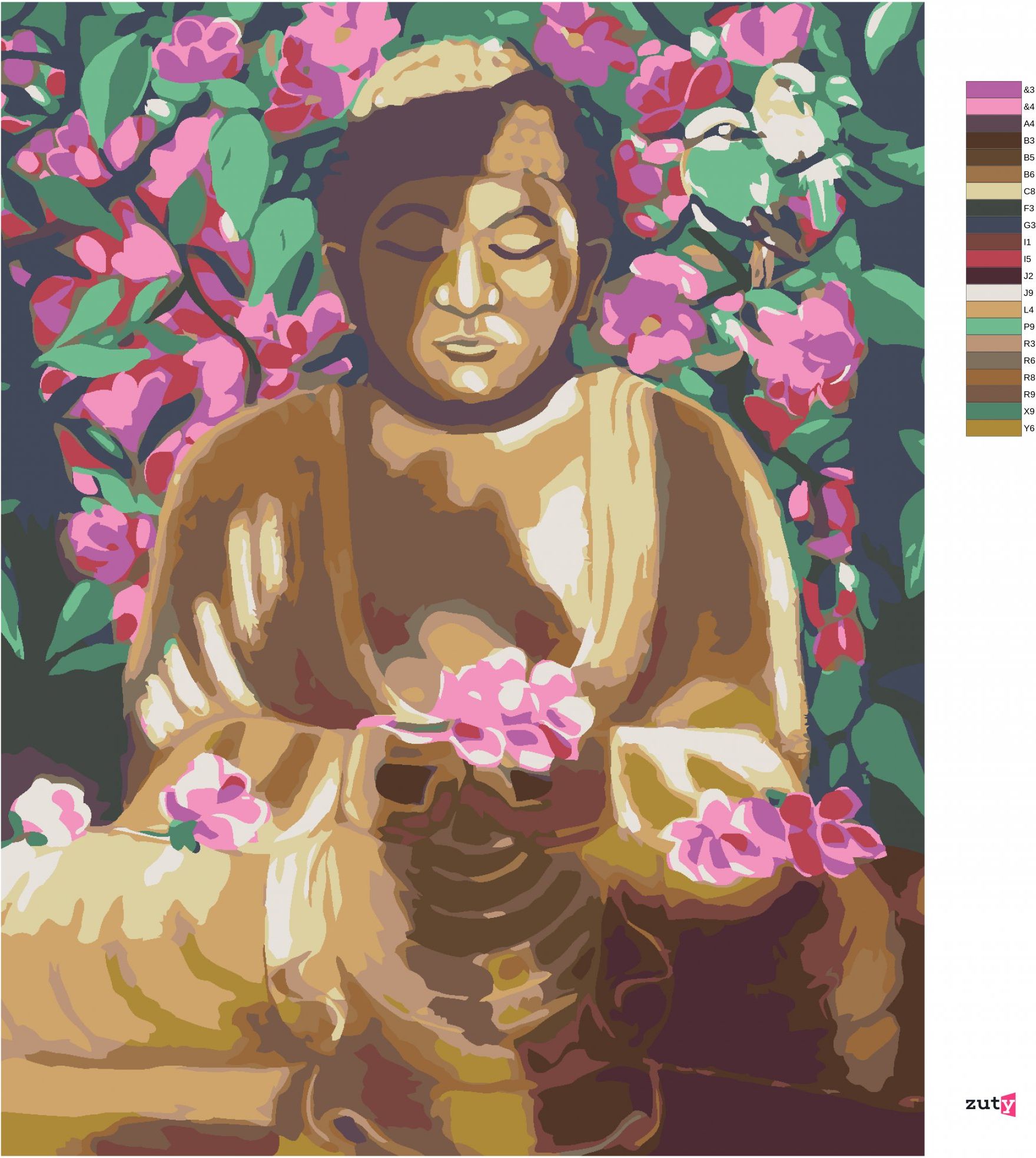 zuty Malování podle čísel - BUDDHA OBKLOPENÝ KVĚTINAMI - Rozměr: 40x50 cm, Rámování: Varianta: vypnuté plátno na rám - obrázek 10
