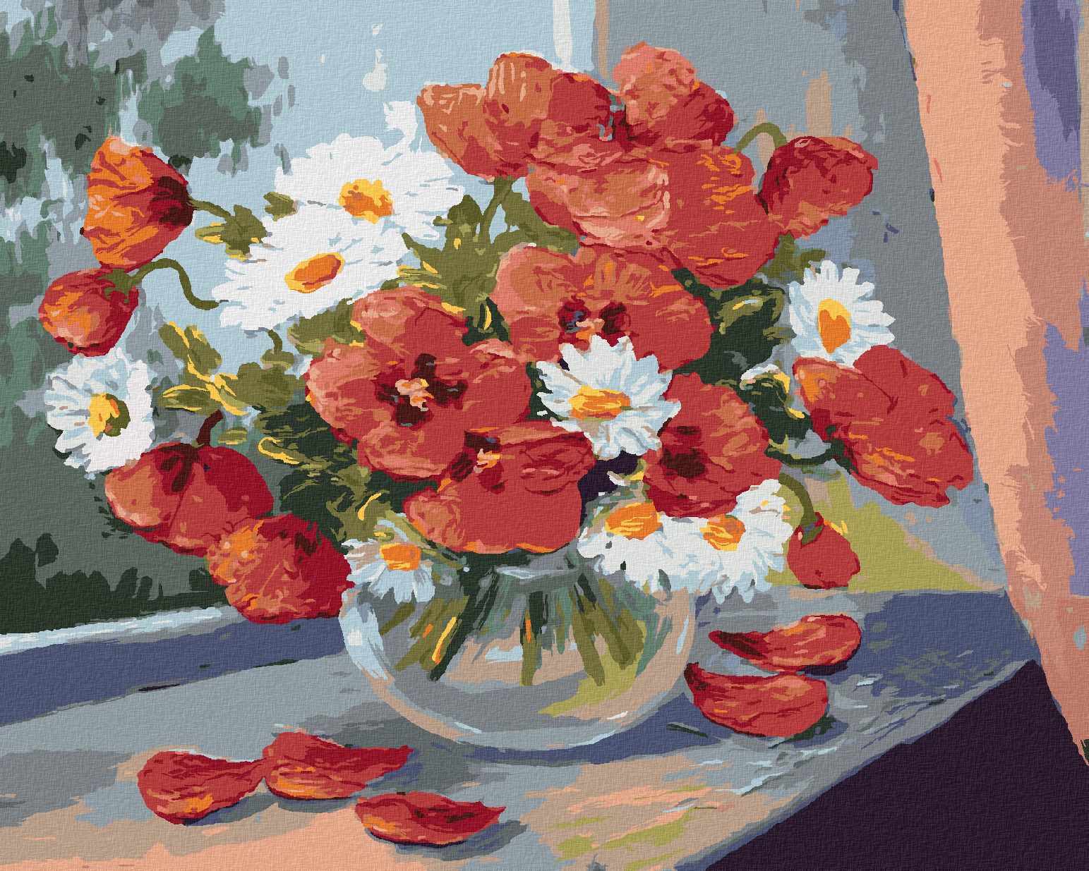 zuty Malování podle čísel - KOPRETINY A VLČÍ MÁKY NA OKNĚ - Rozměr: 40x50 cm, Rámování: Varianta: bez rámu a bez vypnutí plátna - obrázek 1