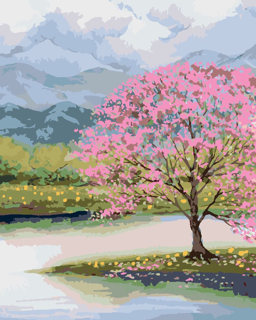 zuty Malování podle čísel - ROZKVETLÁ SAKURA U VODY - Rozměr: 40x50 cm, Rámování: Varianta: vypnuté plátno na rám - obrázek 3