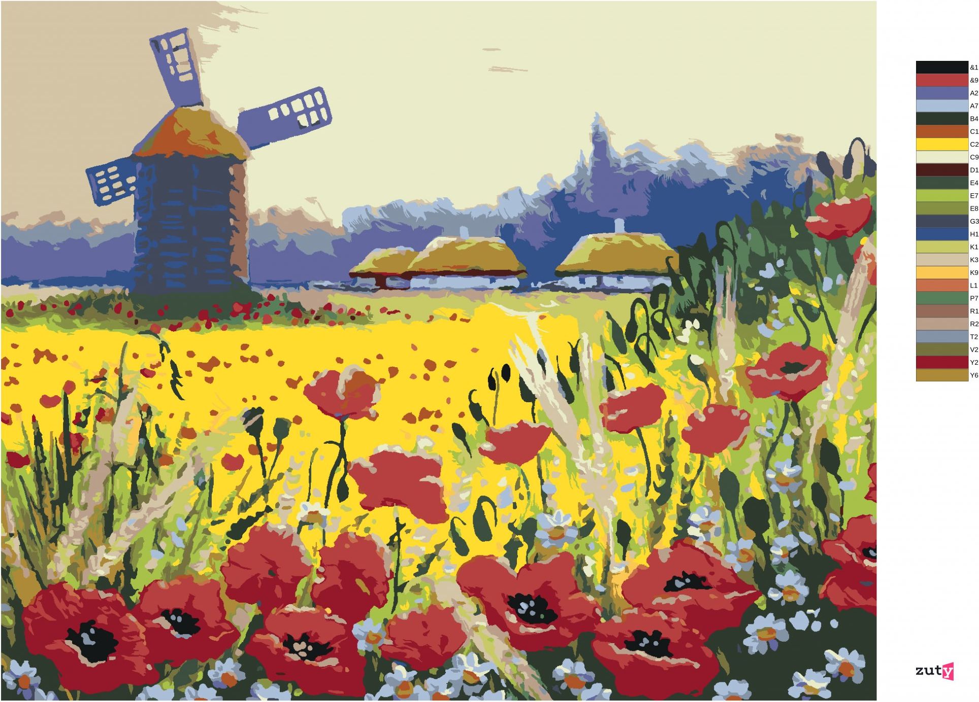 zuty Malování podle čísel - VĚTRNÝ MLÝN A VLČÍ MÁK - Rozměr: 40x50 cm, Rámování: Varianta: vypnuté plátno na rám - obrázek 6
