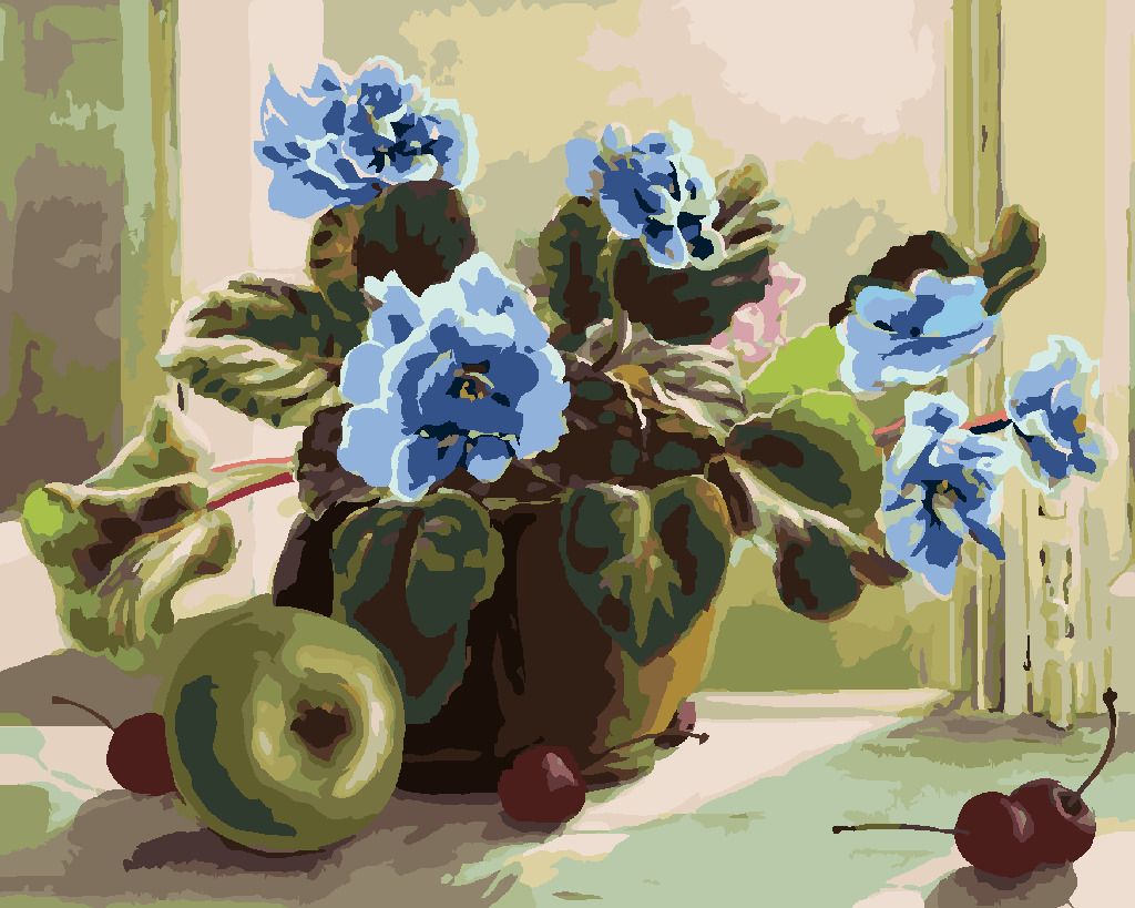 zuty Malování podle čísel - MODRÉ KVĚTINY A OVOCE - Rozměr: 40x50 cm, Rámování: Varianta: vypnuté plátno na rám - obrázek 2
