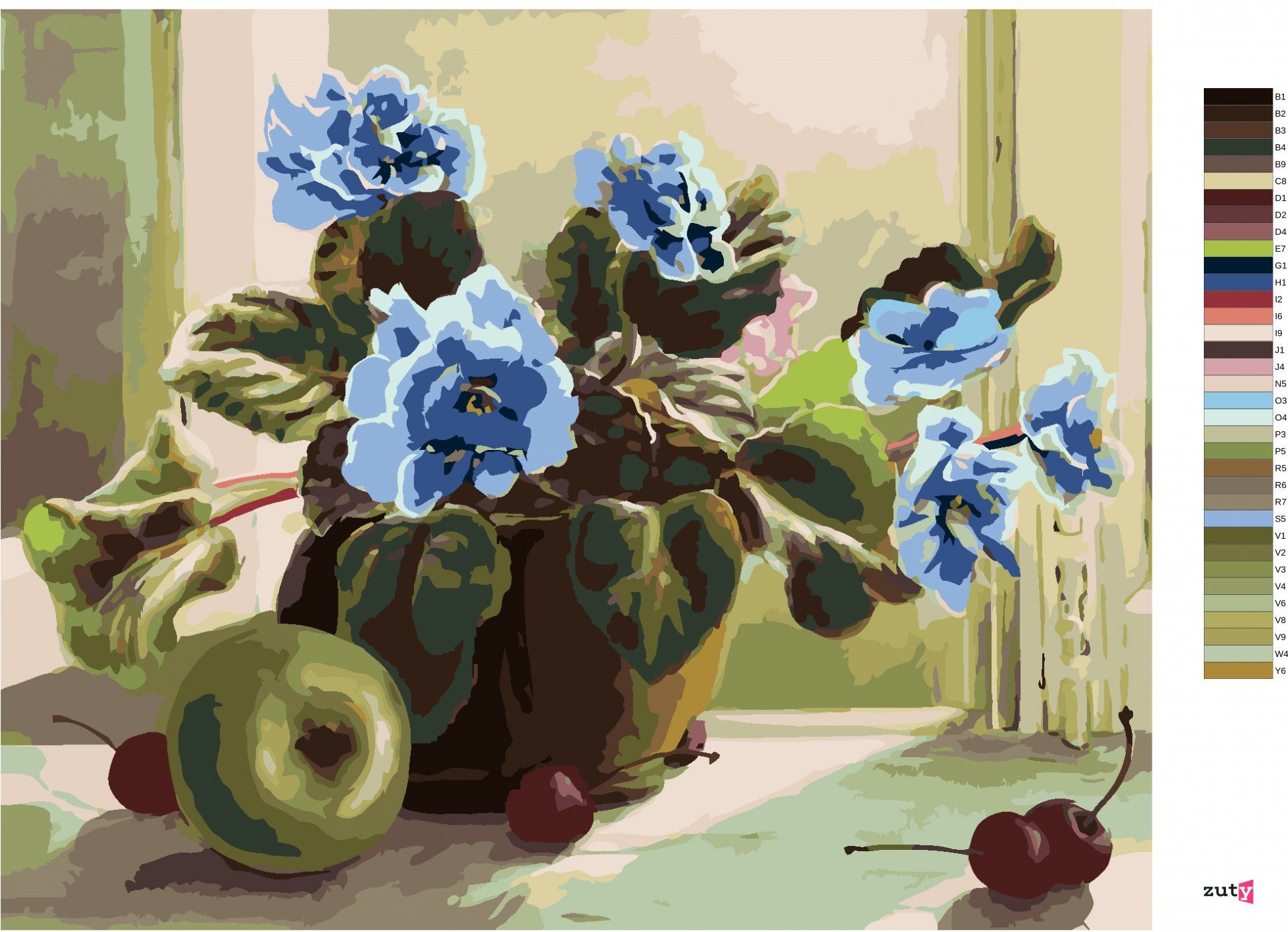 zuty Malování podle čísel - MODRÉ KVĚTINY A OVOCE - Rozměr: 40x50 cm, Rámování: Varianta: vypnuté plátno na rám - obrázek 3