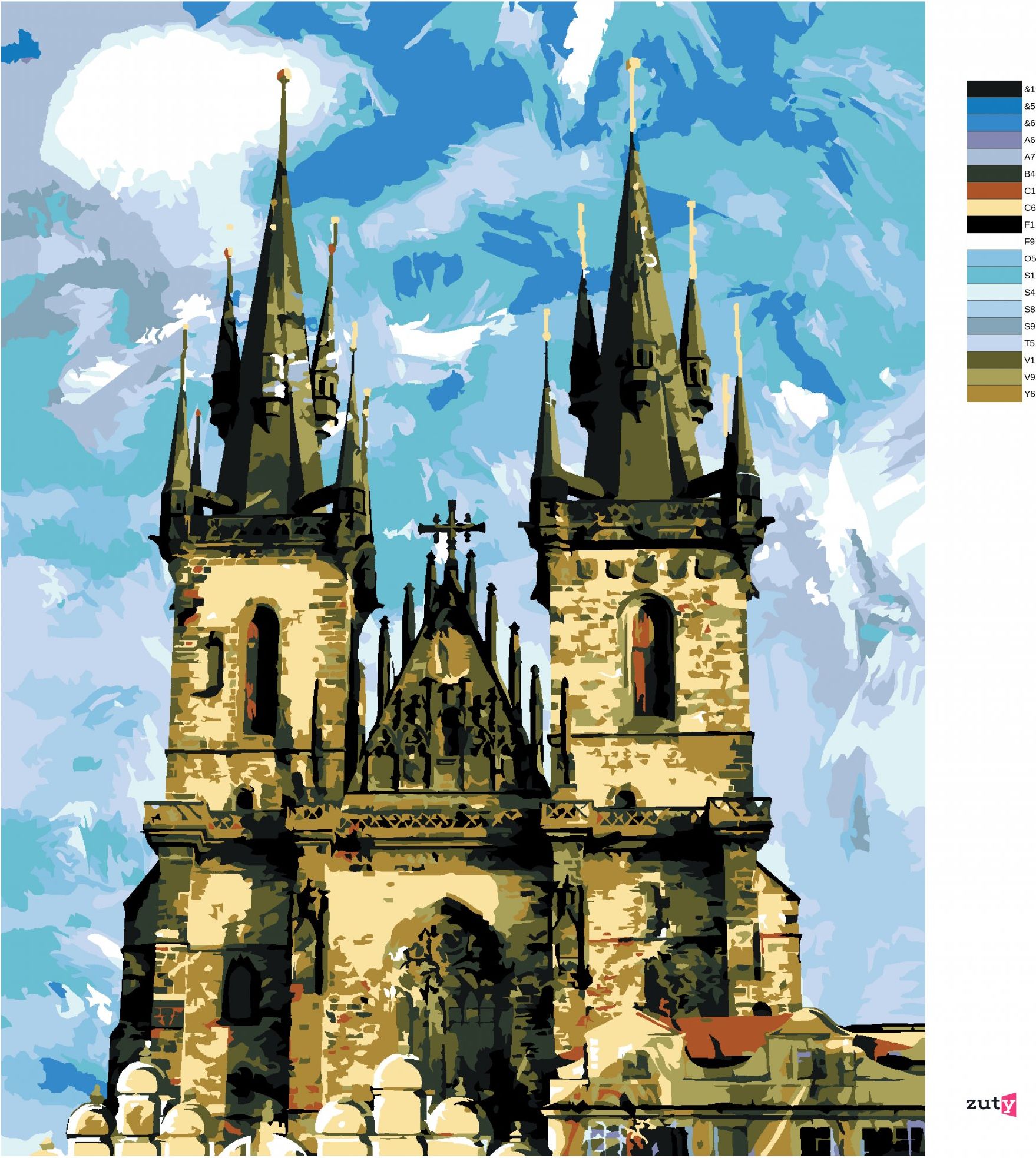 zuty Malování podle čísel - KATEDRÁLA TÝNSKÝ CHRÁM PRAHA - Rozměr: 40x50 cm, Rámování: Varianta: vypnuté plátno na rám - obrázek 9