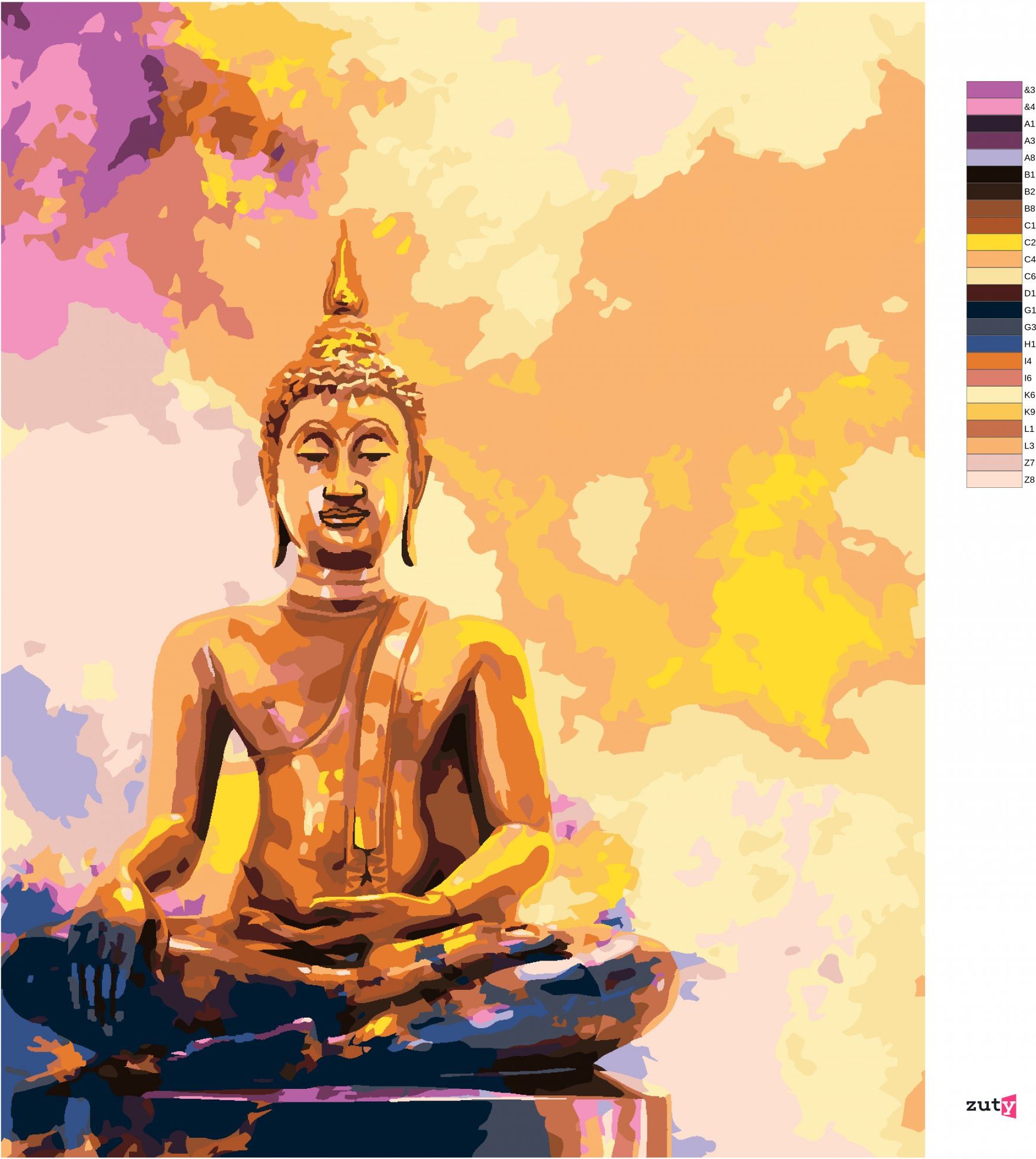 zuty Malování podle čísel - ZLATÝ BUDDHA NA BAREVNÉM POZADÍ - Rozměr: 40x50 cm, Rámování: Varianta: vypnuté plátno na rám - obrázek 3