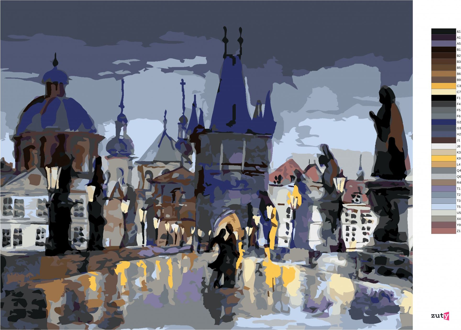 zuty Malování podle čísel - ABSTRAKTNÍ KARLŮV MOST II - Rozměr: 40x50 cm, Rámování: Varianta: bez rámu a bez vypnutí plátna - obrázek 2