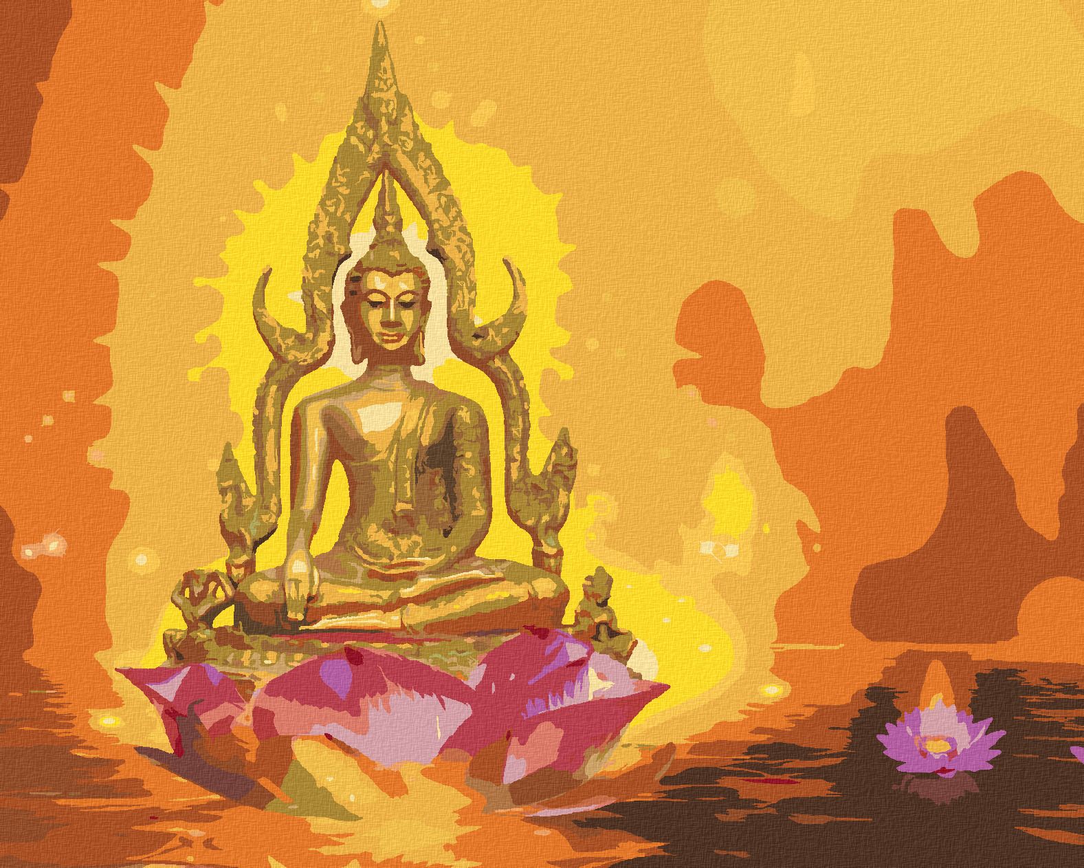 zuty Malování podle čísel - BUDDHA V LOTOSU A ORANŽOVÉ POZADÍ - Rozměr: 40x50 cm, Rámování: Varianta: bez rámu a bez vypnutí plátna - obrázek 1