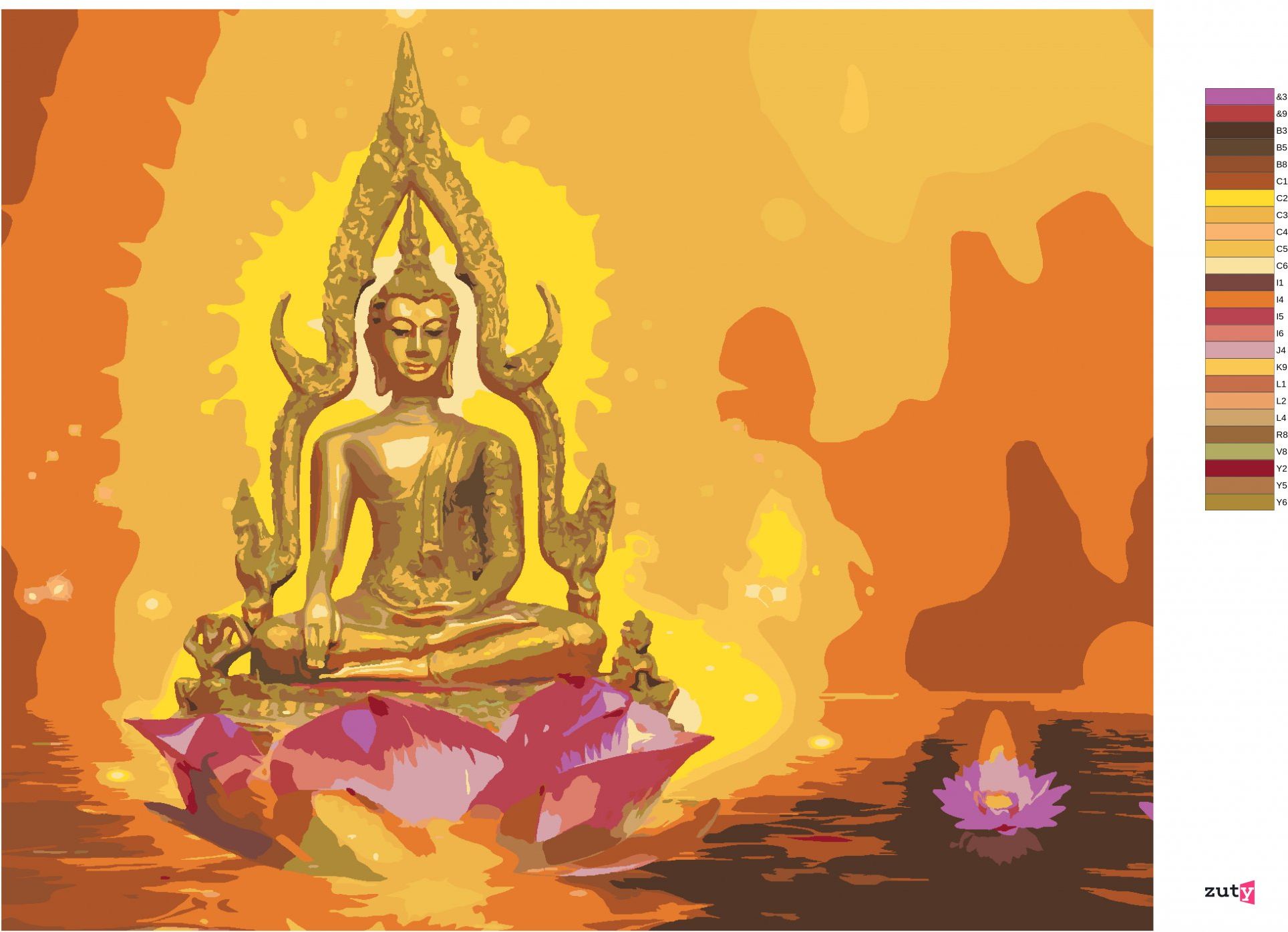 zuty Malování podle čísel - BUDDHA V LOTOSU A ORANŽOVÉ POZADÍ - Rozměr: 40x50 cm, Rámování: Varianta: bez rámu a bez vypnutí plátna - obrázek 2