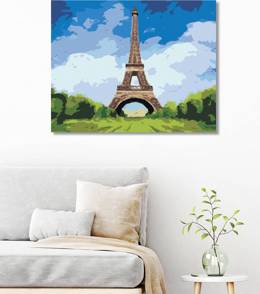 zuty Malování podle čísel - EIFFELOVA VĚŽ A JASNÁ MODRÁ OBLOHA - Rozměr: 40x50 cm, Rámování: Varianta: vypnuté plátno na rám - obrázek 3