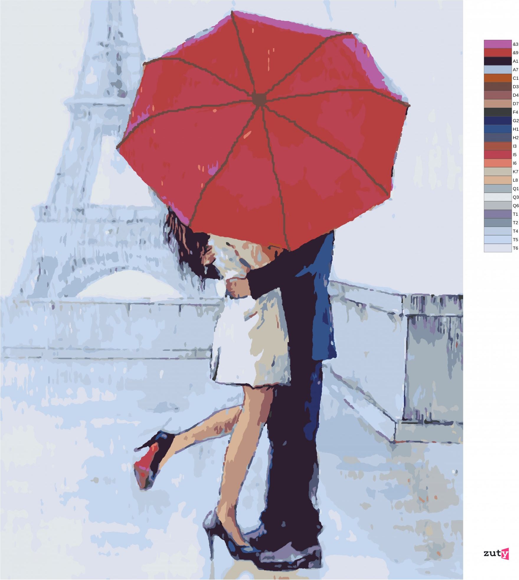 zuty Malování podle čísel - MILENCI V PAŘÍŽI S DEŠTNÍKEM III - Rozměr: 40x50 cm, Rámování: Varianta: bez rámu a bez vypnutí plátna - obrázek 2