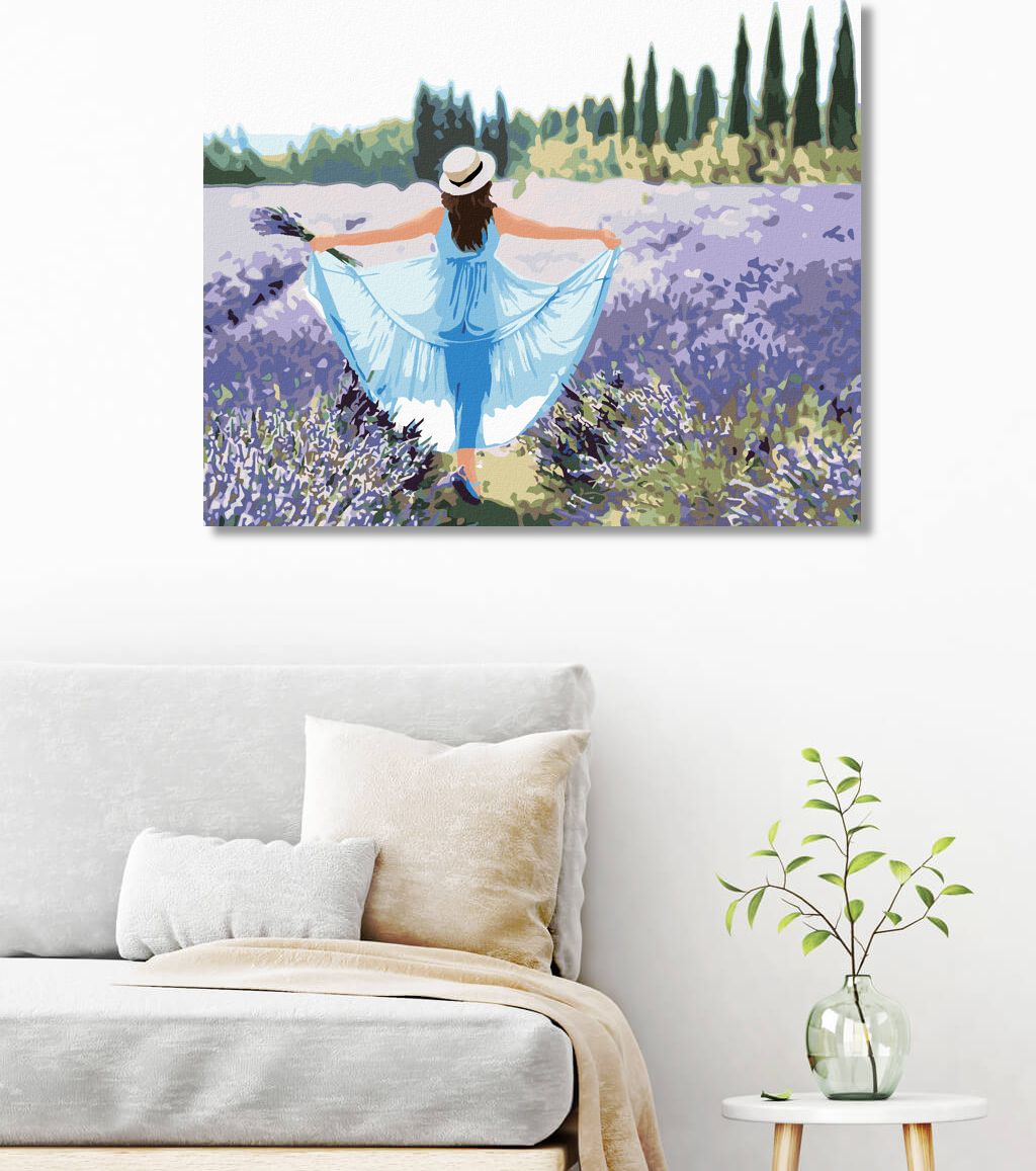 zuty Malování podle čísel - LEVANDULOVÉ POLE A ŽENA V MODRÝCH ŠATECH - Rozměr: 40x50 cm, Rámování: Varianta: bez rámu a bez vypnutí plátna - obrázek 6
