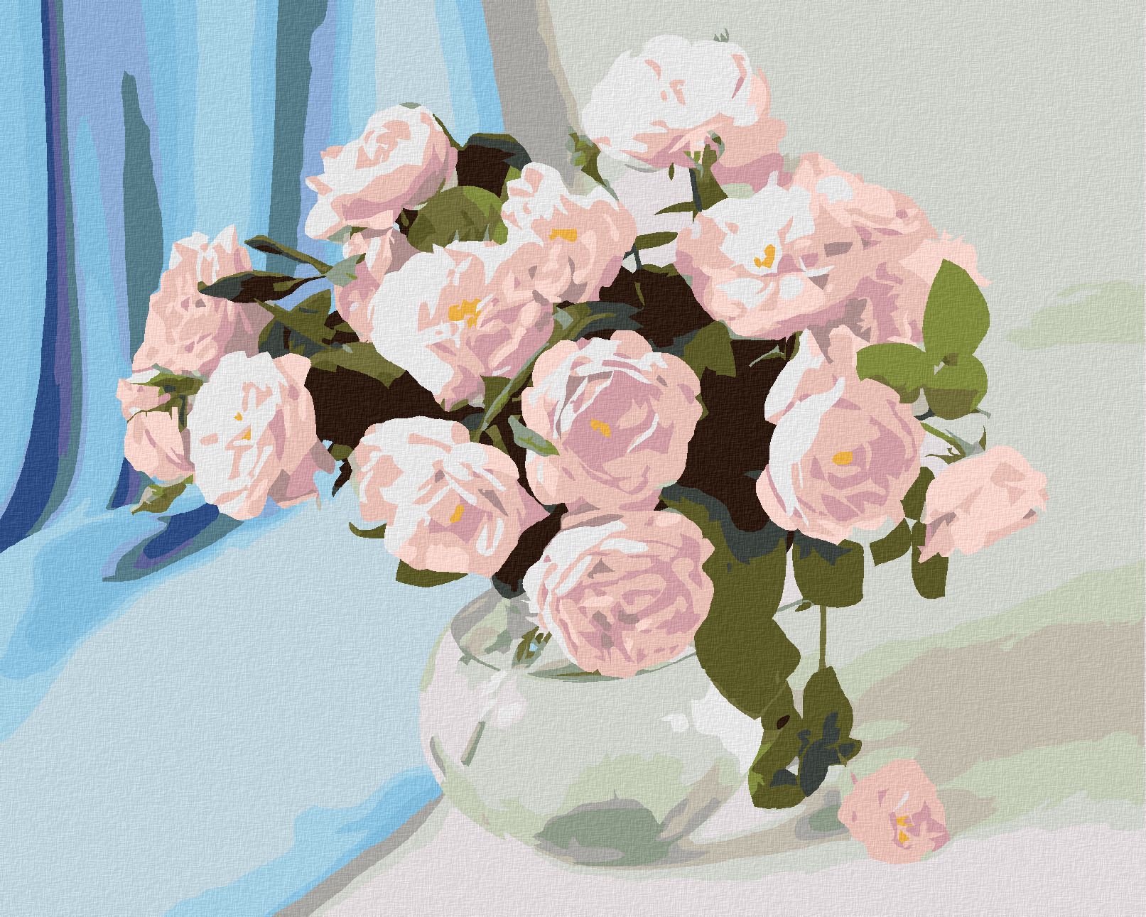 zuty Malování podle čísel - RŮŽOVÉ KVĚTINY VE VÁZE A MODRÝ ZÁVĚS - Rozměr: 40x50 cm, Rámování: Varianta: vypnuté plátno na rám - obrázek 1