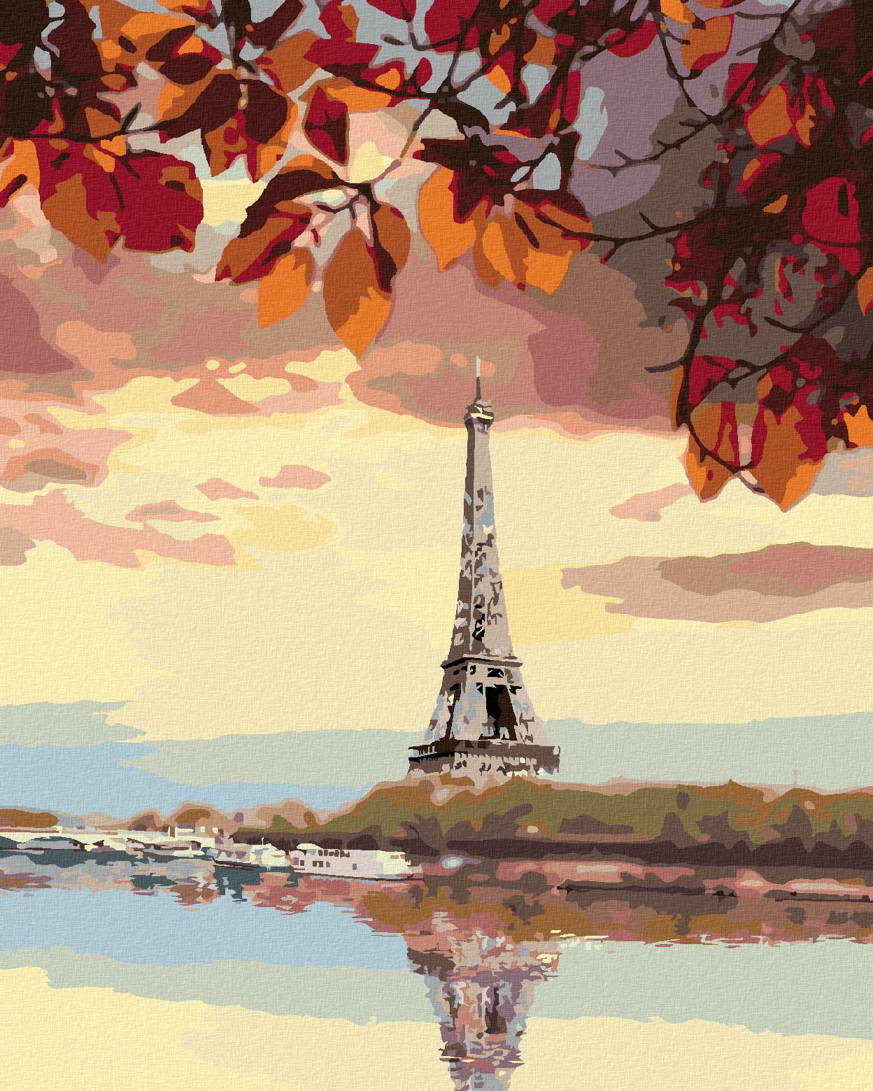zuty Malování podle čísel - EIFFELOVA VĚŽ A PODZIMNÍ LISTÍ - Rozměr: 40x50 cm, Rámování: Varianta: bez rámu a bez vypnutí plátna - obrázek 1