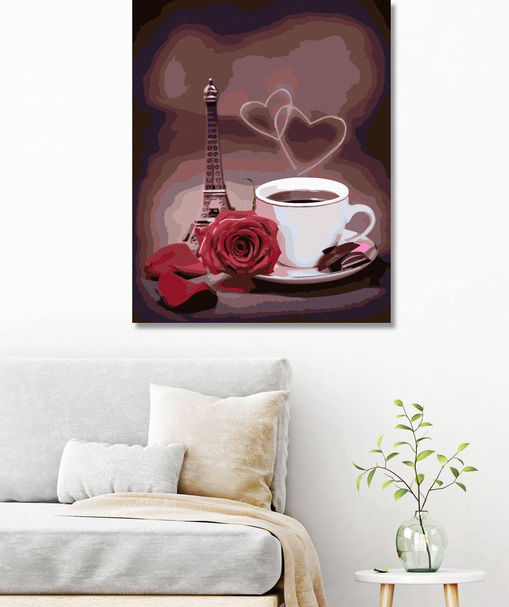 zuty Malování podle čísel - KÁVA, RŮŽE A MALÁ EIFFELOVA VĚŽ - Rozměr: 40x50 cm, Rámování: Varianta: vypnuté plátno na rám - obrázek 4