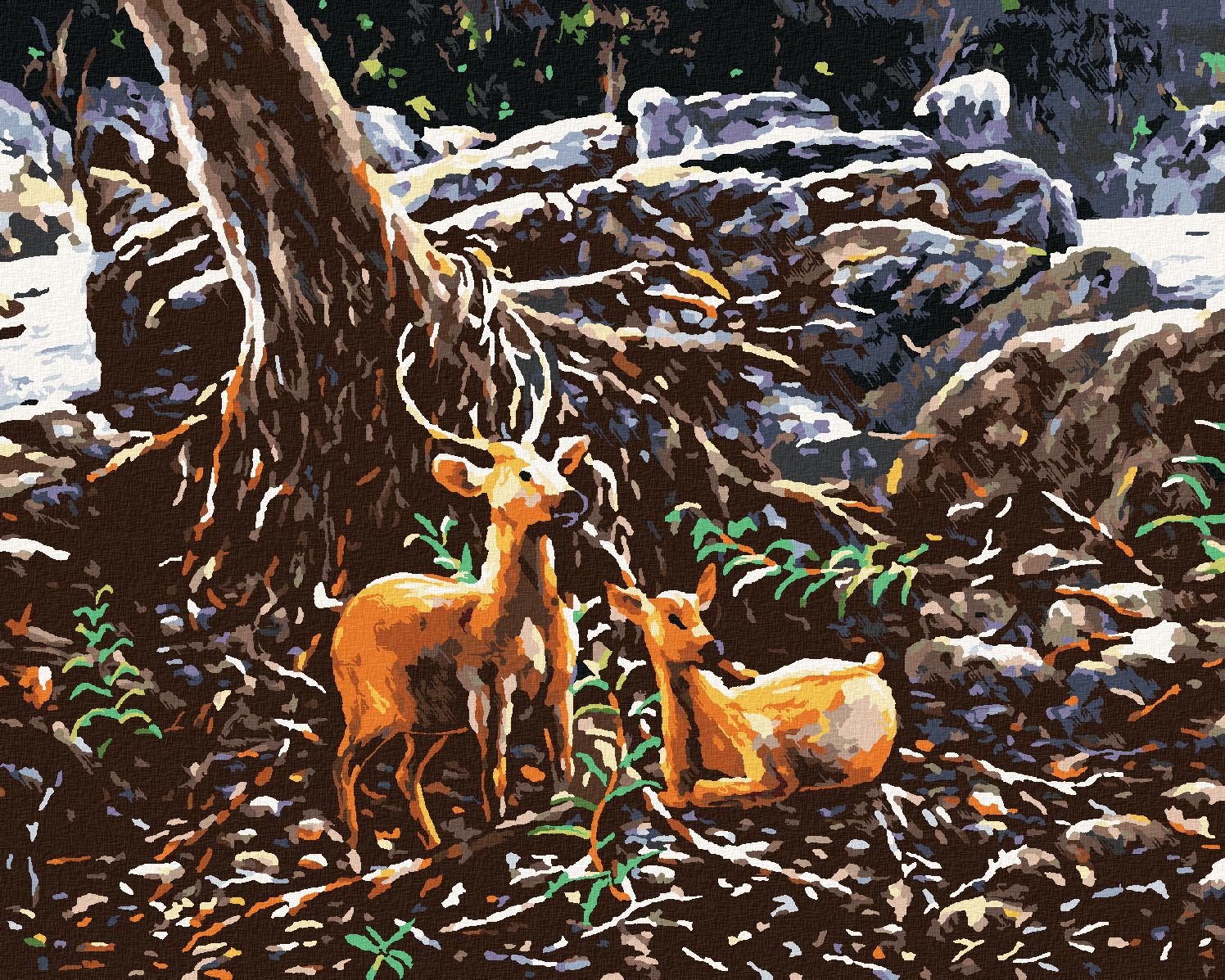 zuty Malování podle čísel - DVA JELENI V LESE - Rozměr: 40x50 cm, Rámování: Varianta: bez rámu a bez vypnutí plátna - obrázek 1