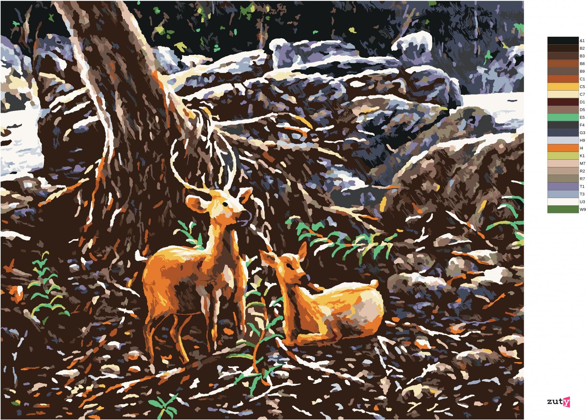 zuty Malování podle čísel - DVA JELENI V LESE - Rozměr: 40x50 cm, Rámování: Varianta: bez rámu a bez vypnutí plátna - obrázek 2