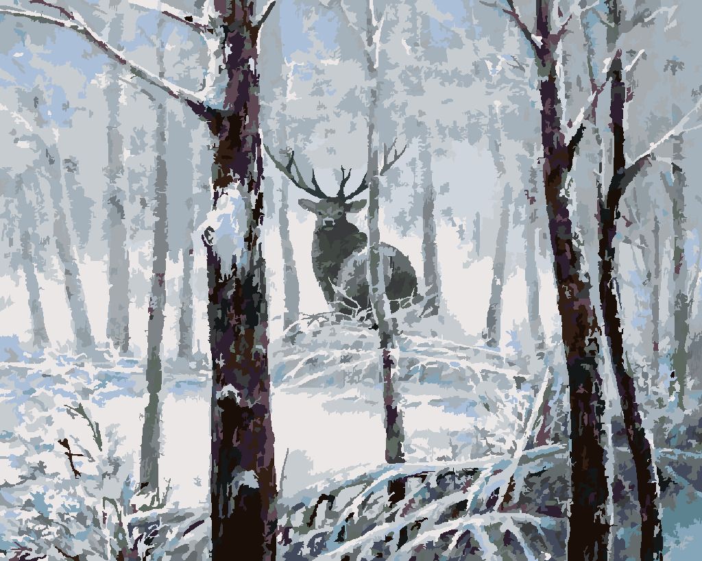 zuty Malování podle čísel - JELEN V ZASNĚŽENÉM LESE - Rozměr: 40x50 cm, Rámování: Varianta: vypnuté plátno na rám - obrázek 3
