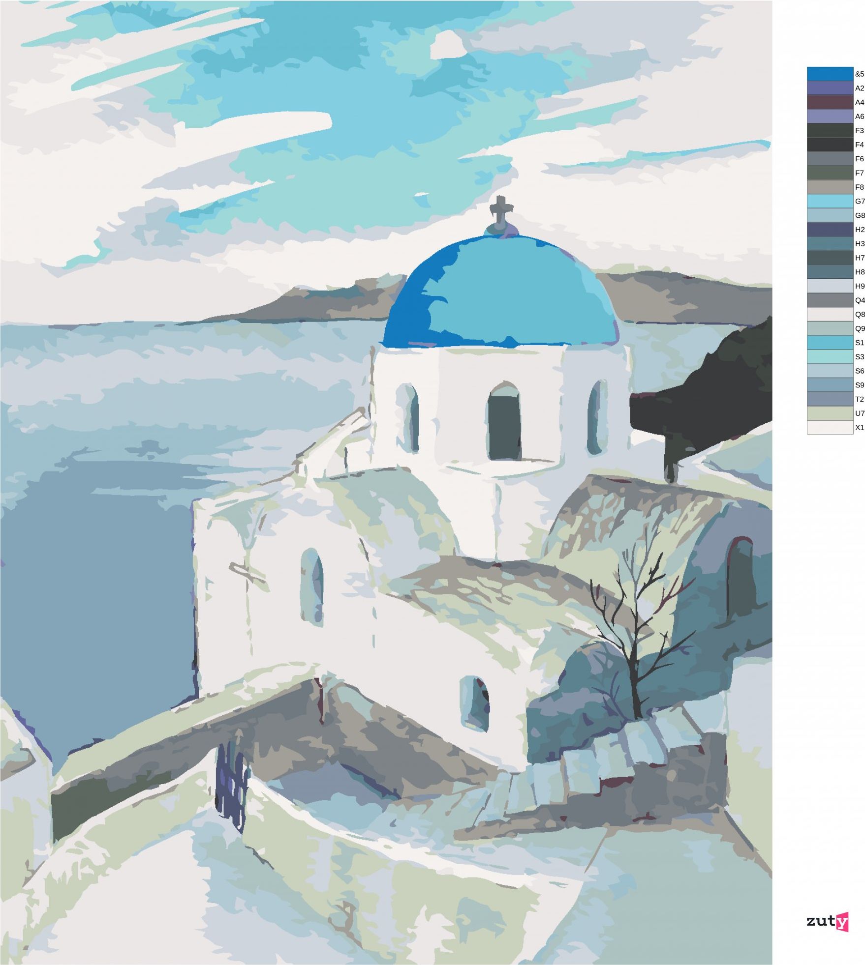zuty Malování podle čísel - KOSTEL S MODROU KOPULÍ NA SANTORINI - Rozměr: 40x50 cm, Rámování: Varianta: bez rámu a bez vypnutí plátna - obrázek 5