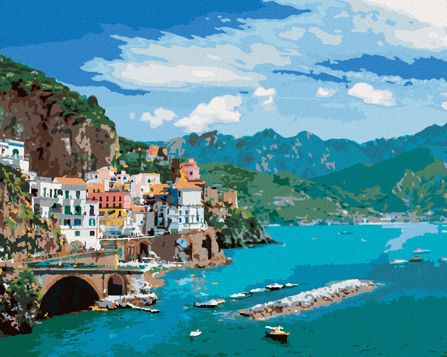 zuty Malování podle čísel - KRAJINA NA POBŘEŽÍ AMALFI V ITÁLII - Rozměr: 40x50 cm, Rámování: Varianta: vypnuté plátno na rám - obrázek 1