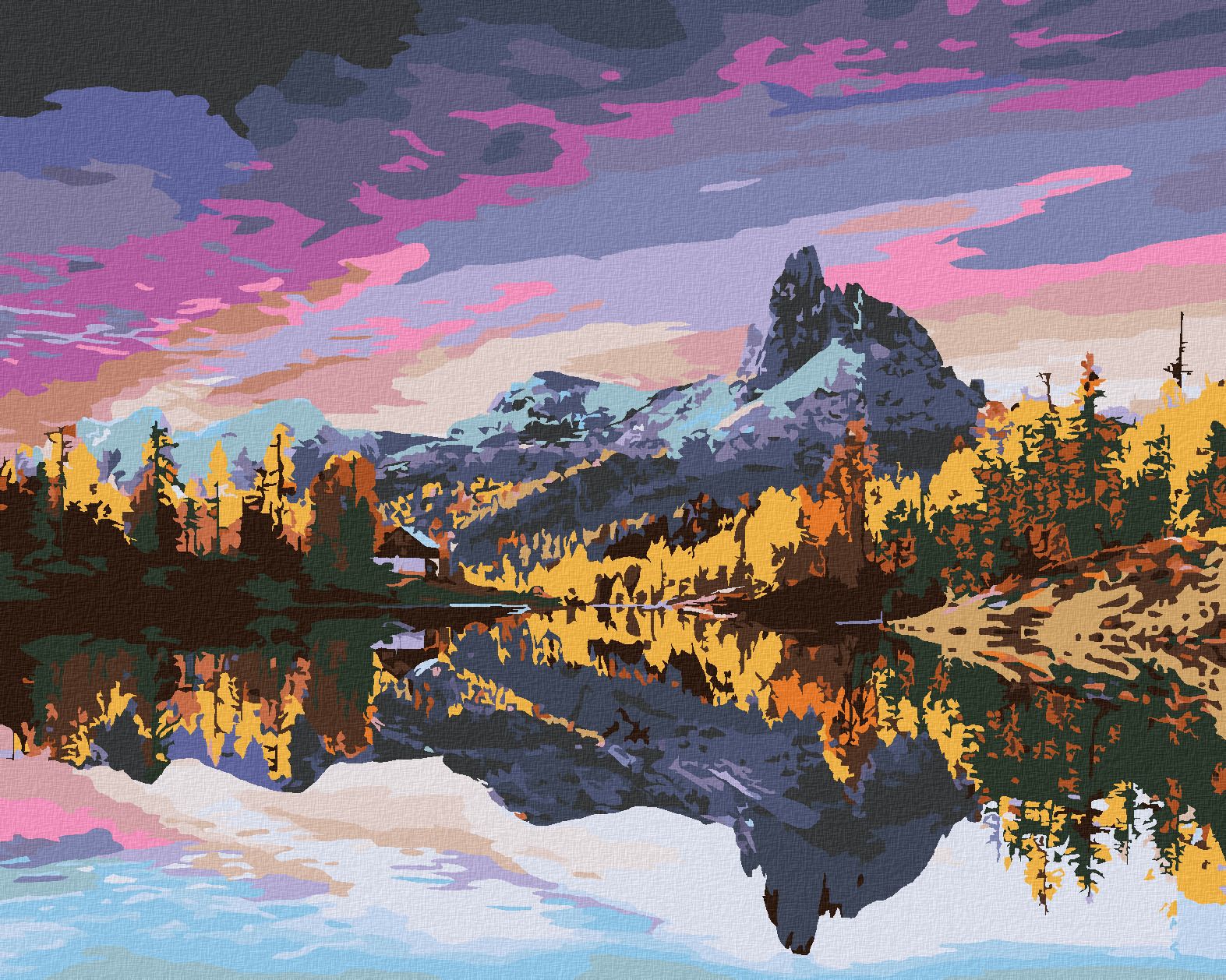 zuty Malování podle čísel - PODZIMNÍ POHLED NA JEZERO FEDERA V DOLOMITECH - Rozměr: 40x50 cm, Rámování: Varianta: bez rámu a bez vypnutí plátna - obrázek 1