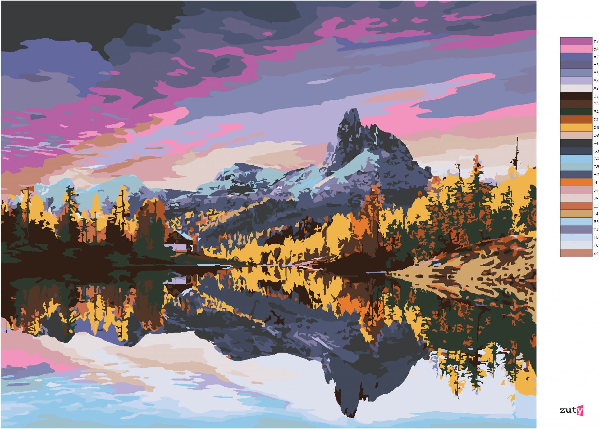 zuty Malování podle čísel - PODZIMNÍ POHLED NA JEZERO FEDERA V DOLOMITECH - Rozměr: 40x50 cm, Rámování: Varianta: bez rámu a bez vypnutí plátna - obrázek 7
